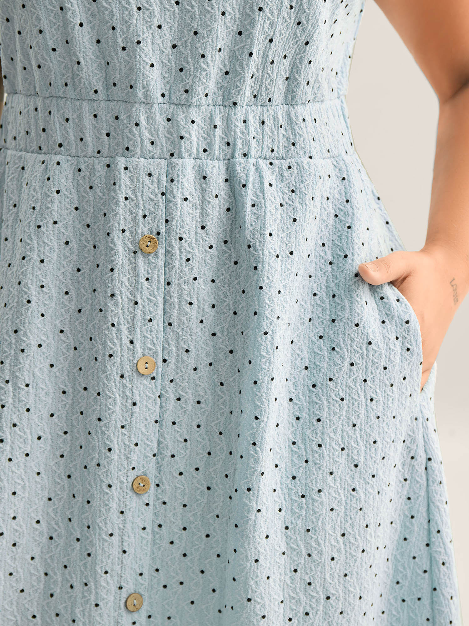 Textured Dot Print Button Detail Midi Dress - Image 2