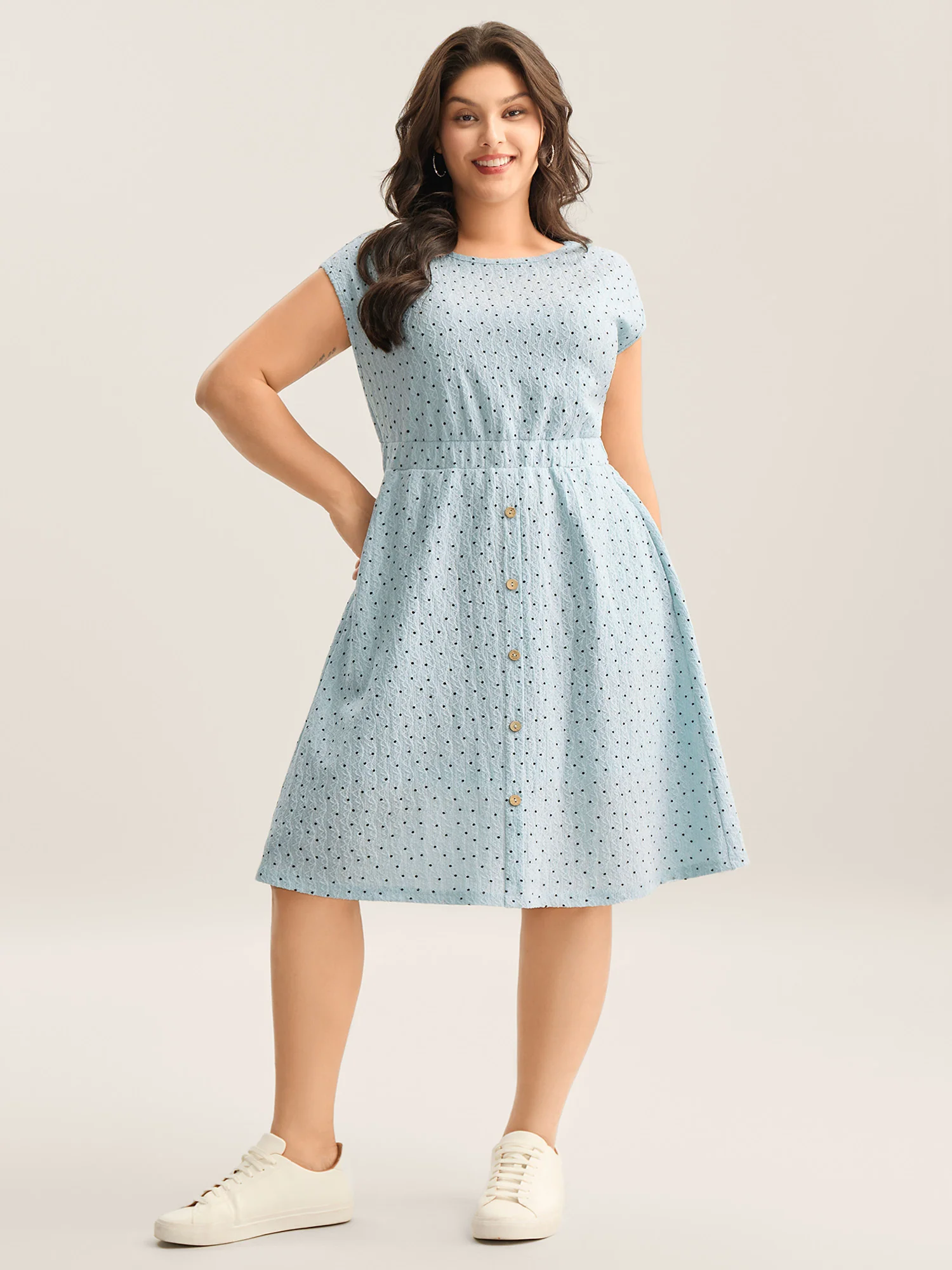 Textured Dot Print Button Detail Midi Dress - Image 3