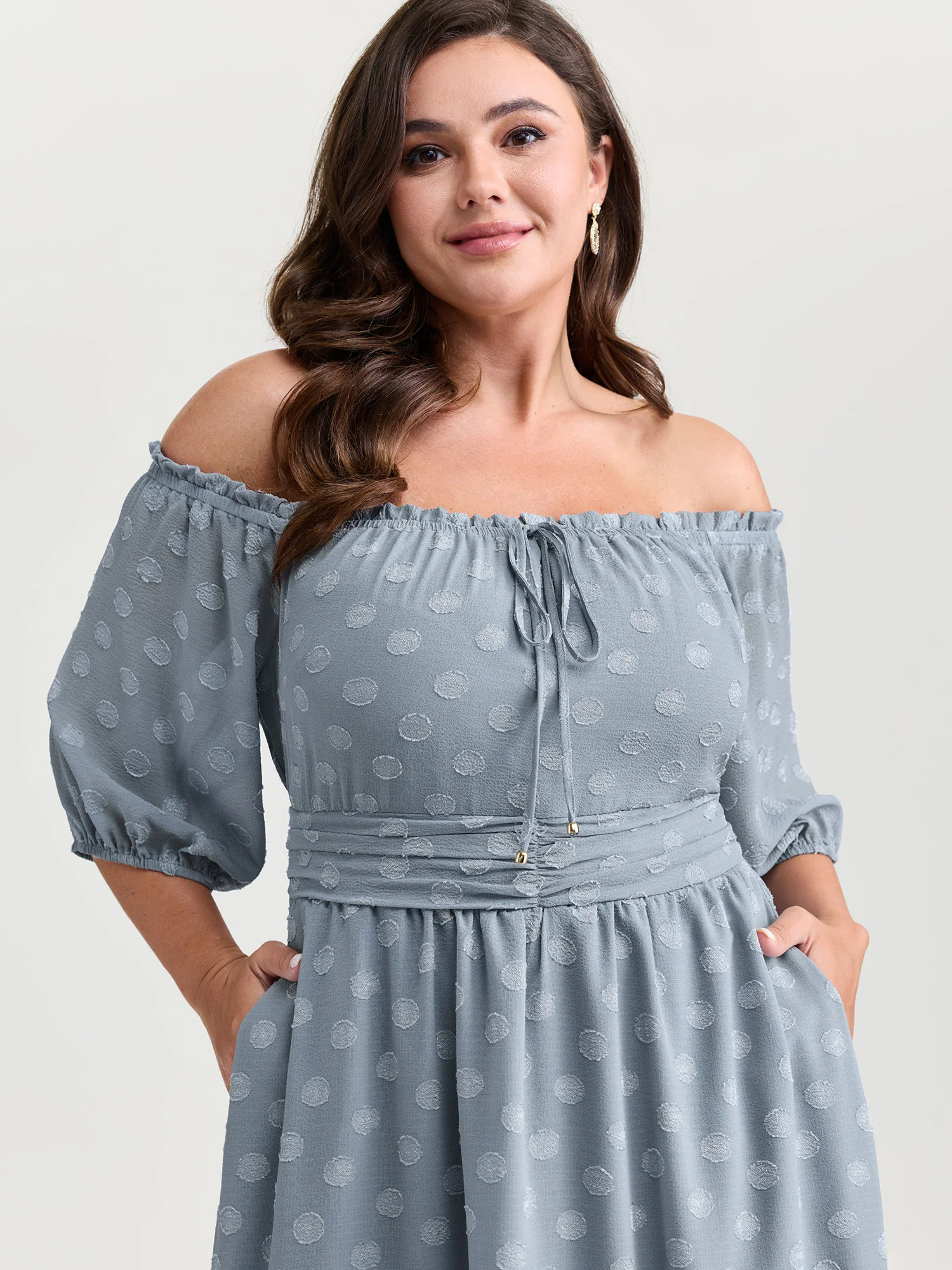 Textured Dots Stretchy Waist Pockets Midi Dress - Image 2