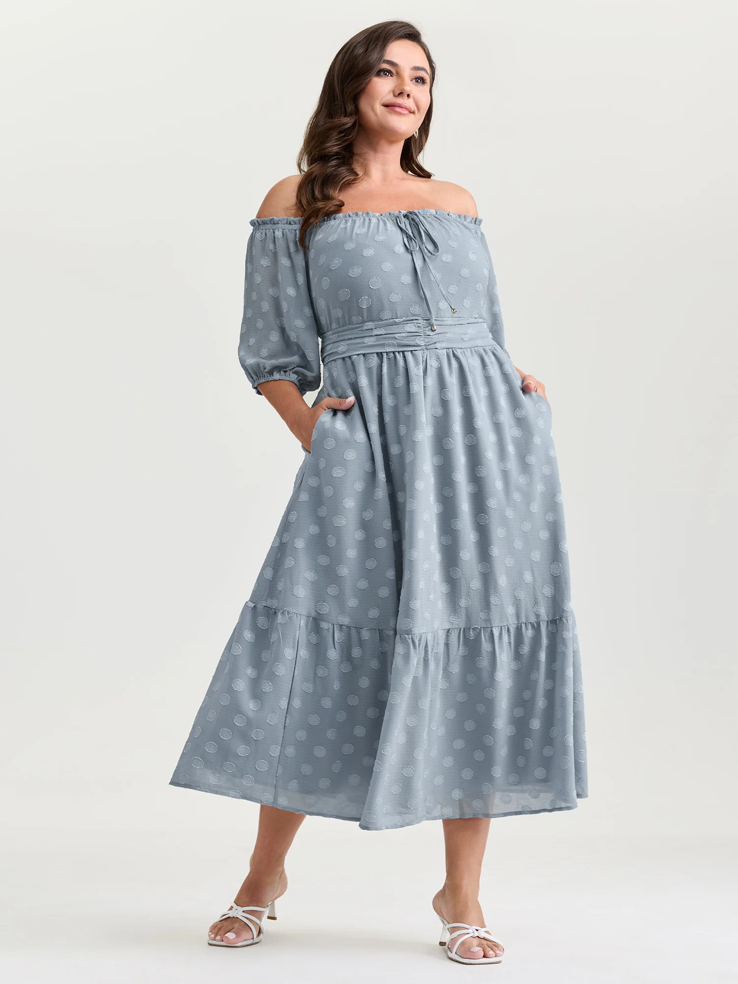 Textured Dots Stretchy Waist Pockets Midi Dress - Image 3