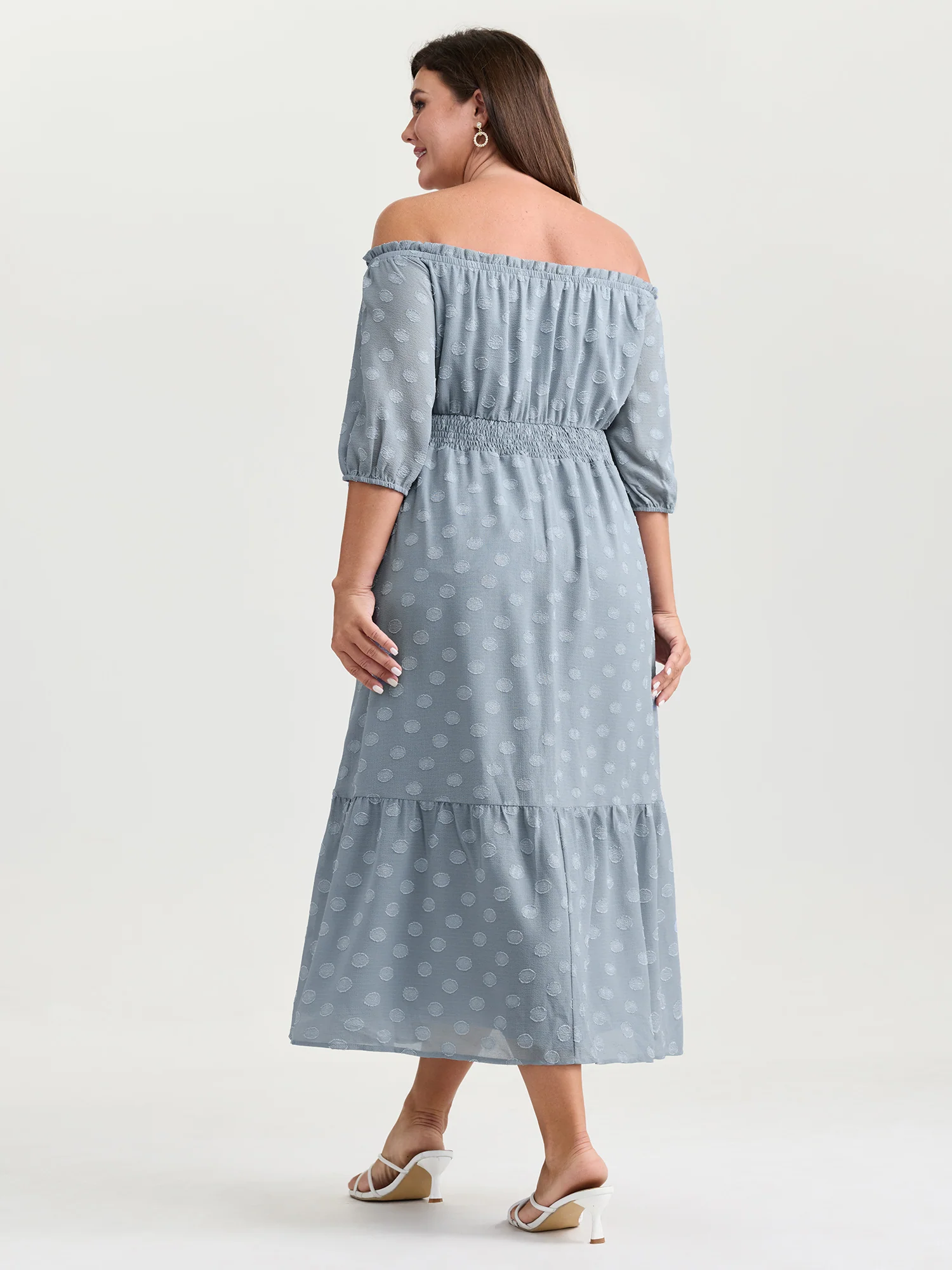 Textured Dots Stretchy Waist Pockets Midi Dress - Image 4