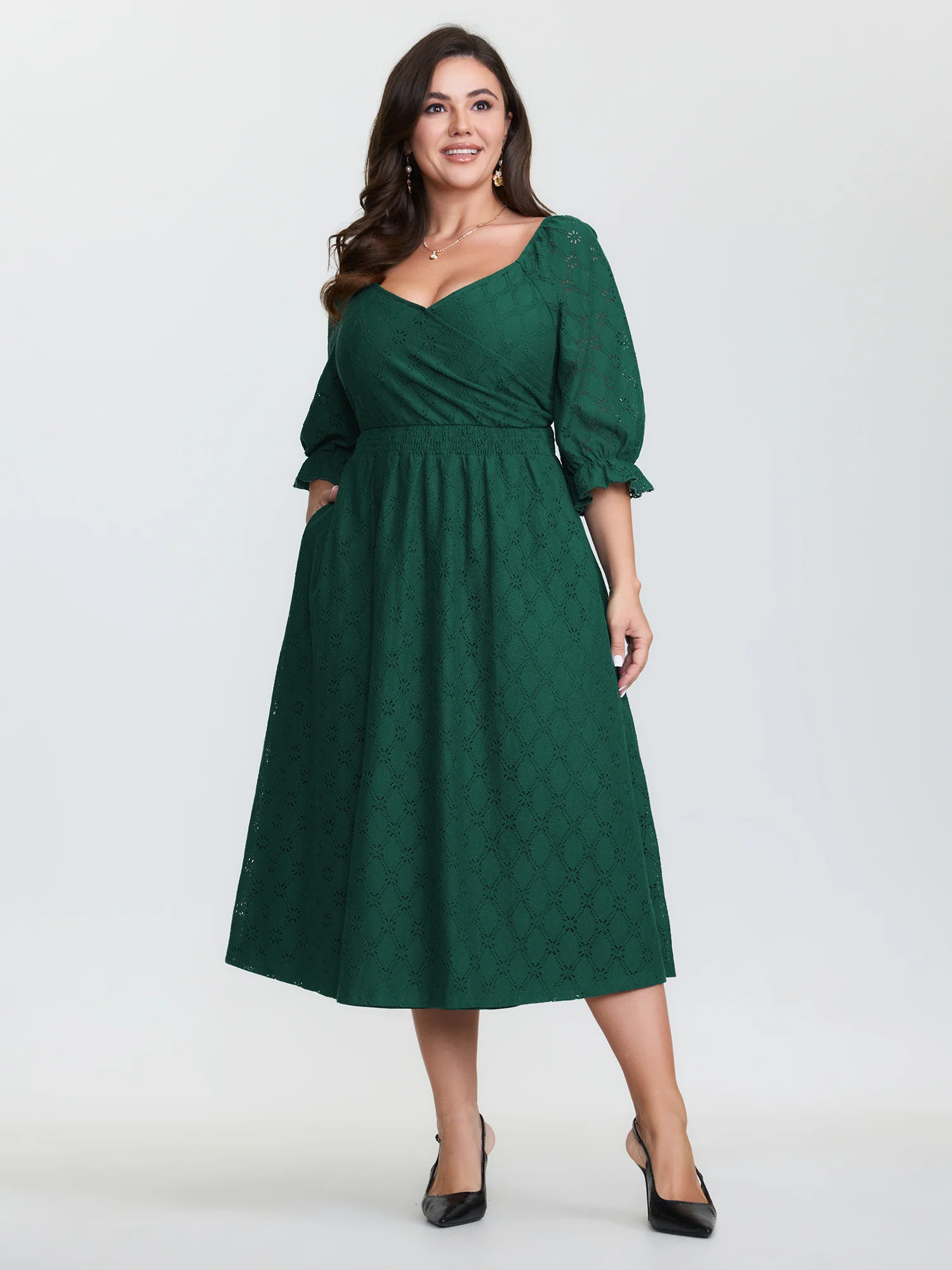 Textured Draped Surplice Neckline Midi Dress - Image 3