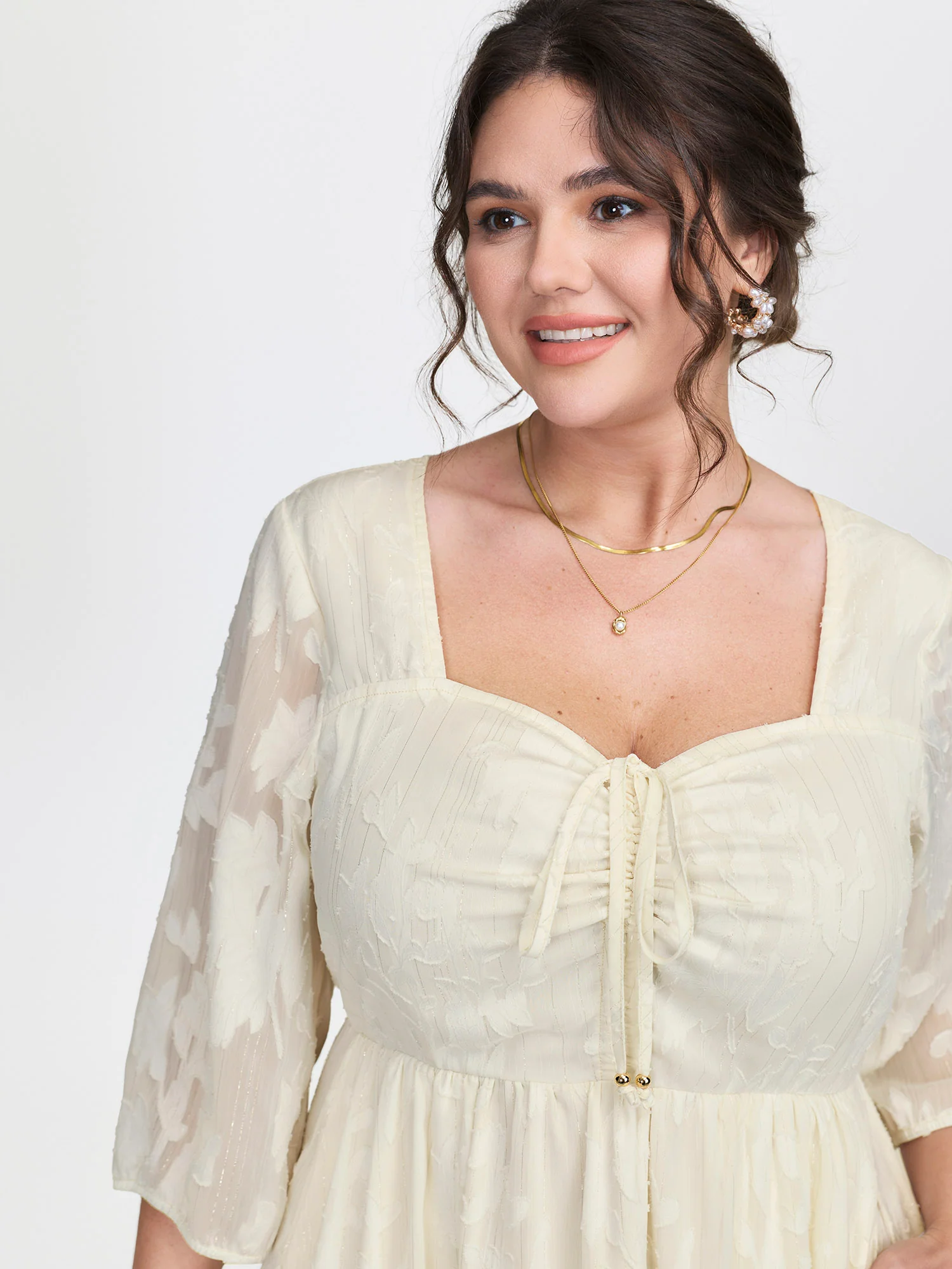 Textured Drawstring Bodice Flowy Midi Dress - Image 2