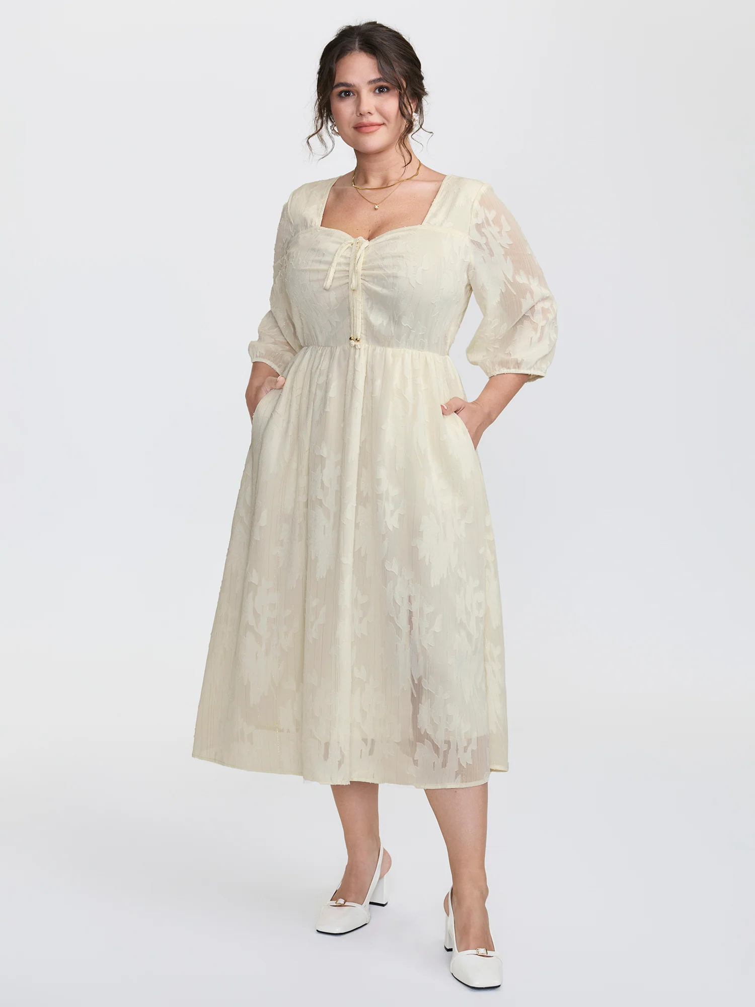 Textured Drawstring Bodice Flowy Midi Dress - Image 3