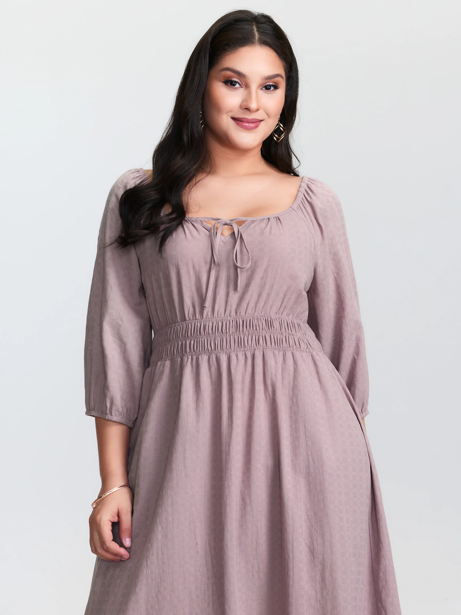 Cotton Drawstring Neckline Shirred Waist Midi Dress - Image 2
