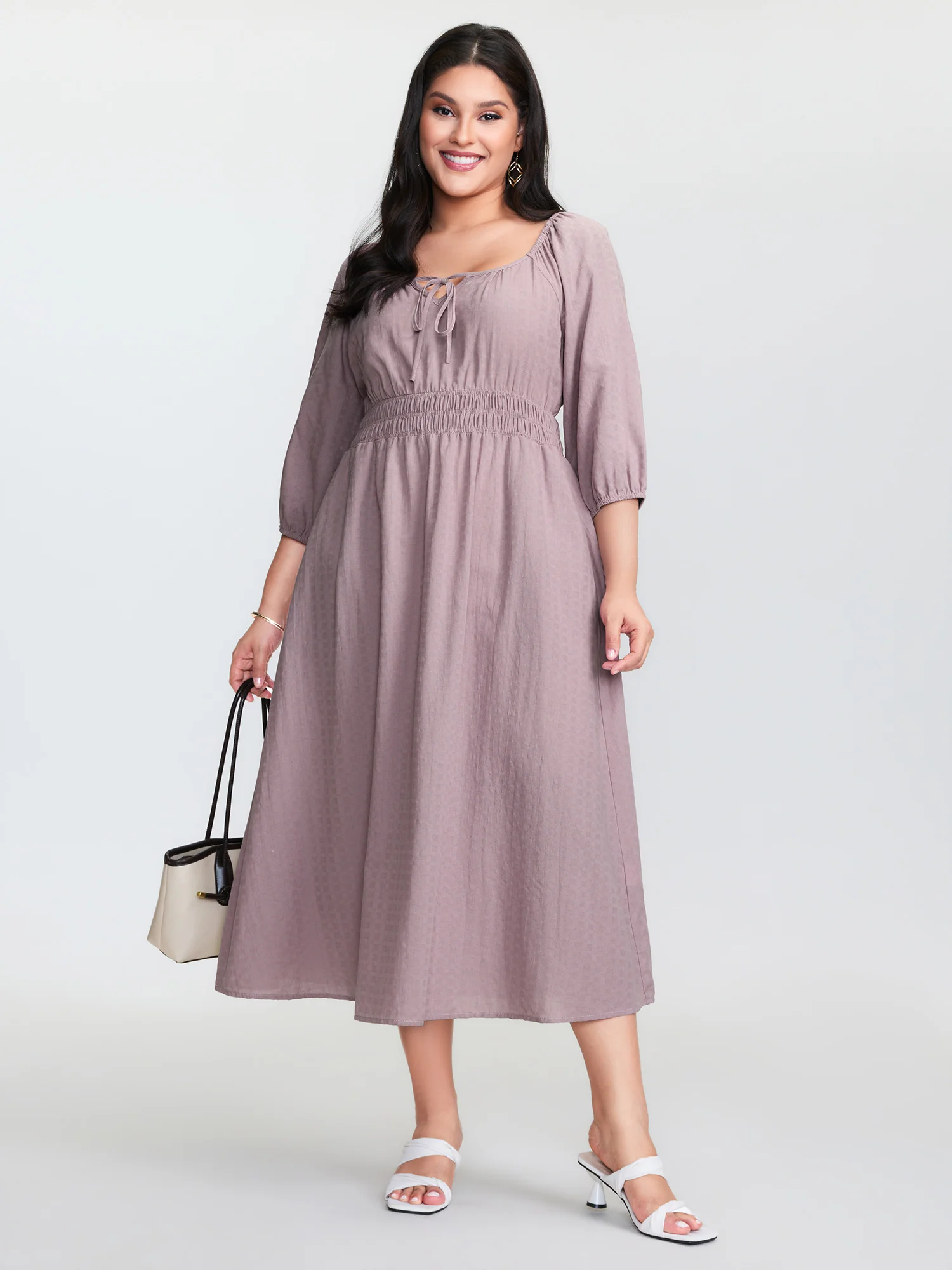 Cotton Drawstring Neckline Shirred Waist Midi Dress - Image 3