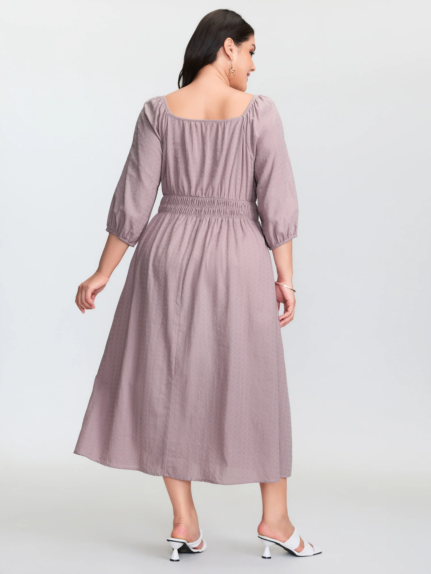 Cotton Drawstring Neckline Shirred Waist Midi Dress - Image 5