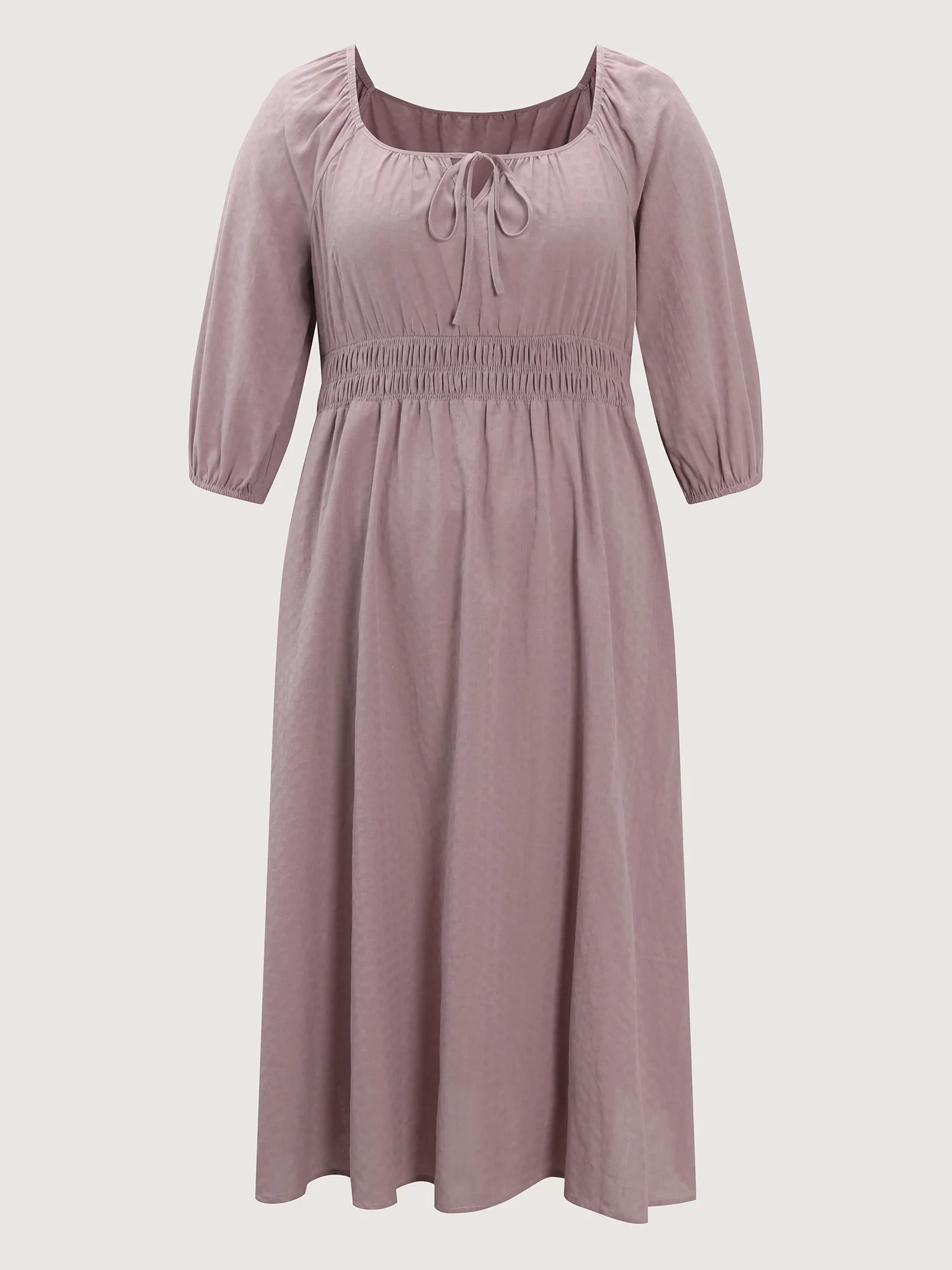 Cotton Drawstring Neckline Shirred Waist Midi Dress - Image 8