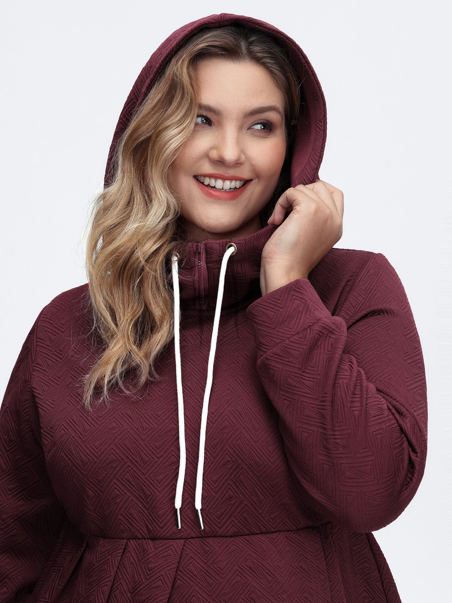 Textured Drawstring Overlap Hem Hooded Sweatshirt - Image 2