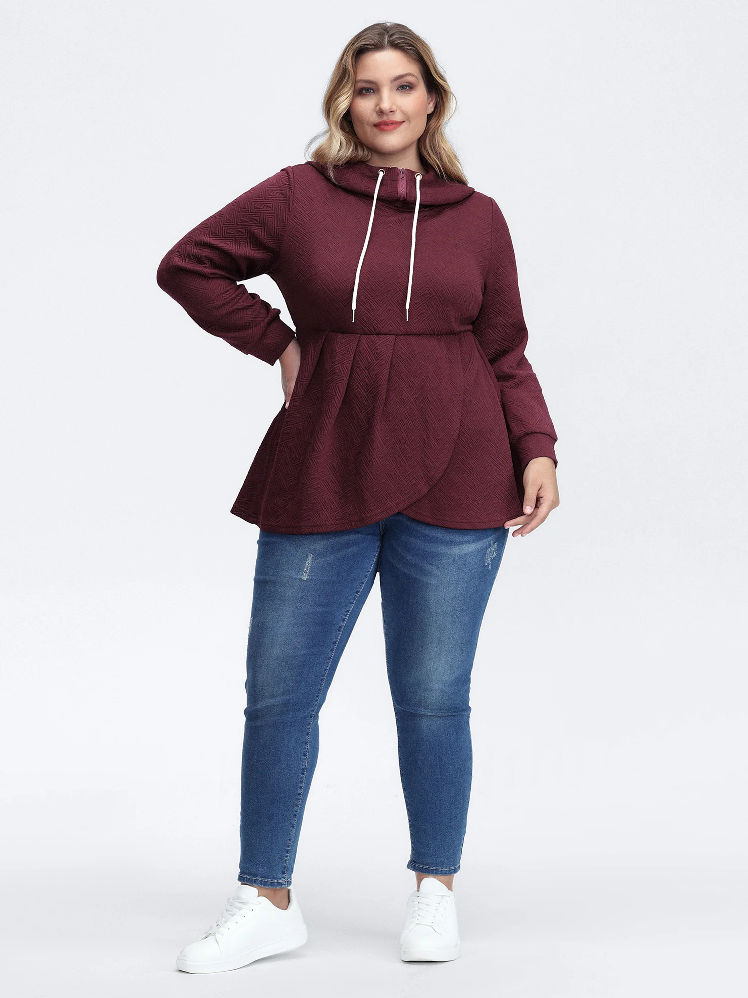 Textured Drawstring Overlap Hem Hooded Sweatshirt - Image 3