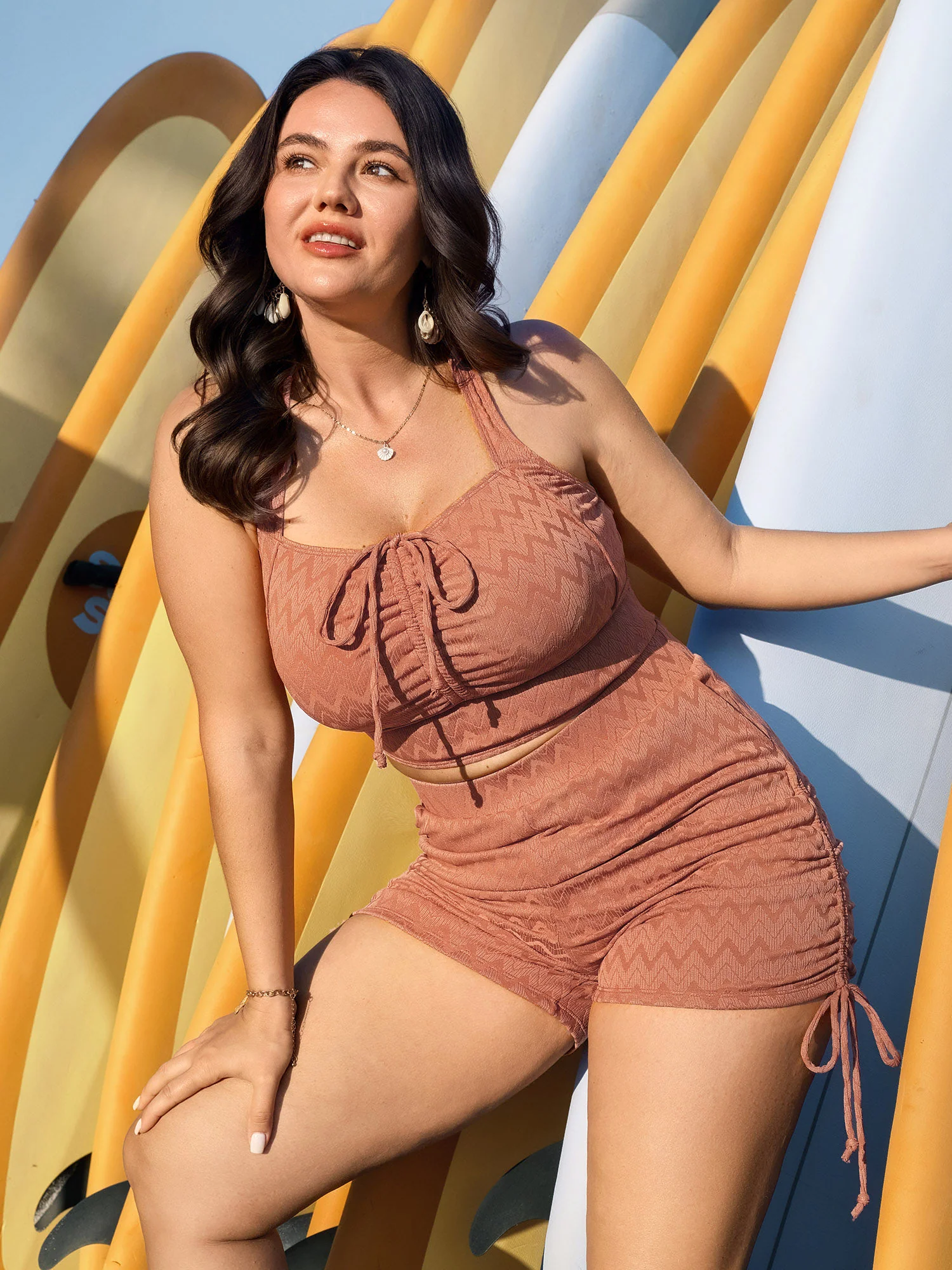 Textured Drawstring Ruched Swim Top - Image 3