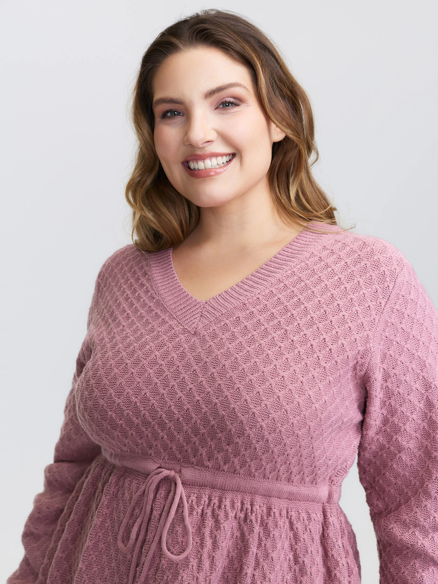 Textured Drawstring Waist V-Neck Sweater Dress - Image 2