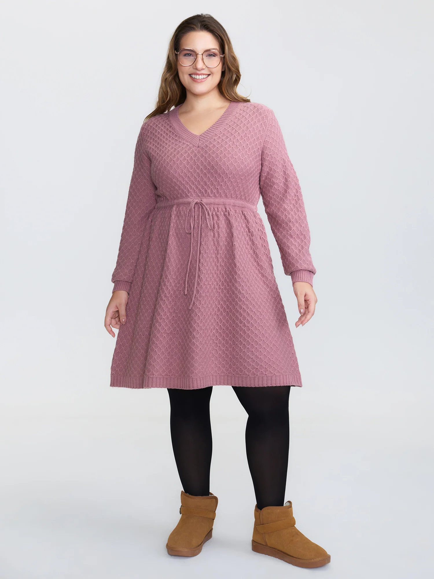 Textured Drawstring Waist V-Neck Sweater Dress - Image 3