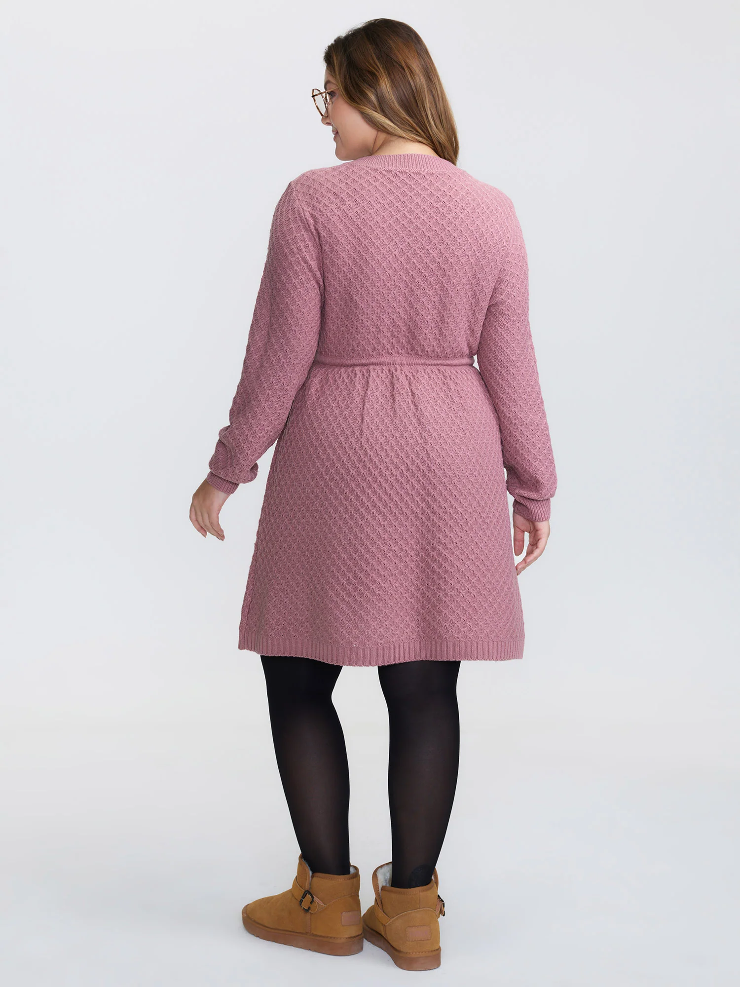Textured Drawstring Waist V-Neck Sweater Dress - Image 4