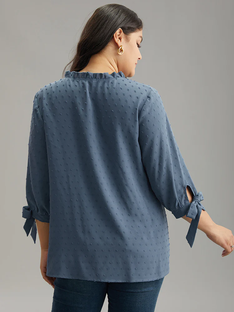 Textured Embroidered Frill Trim Tie Neck Blouse - Image 2
