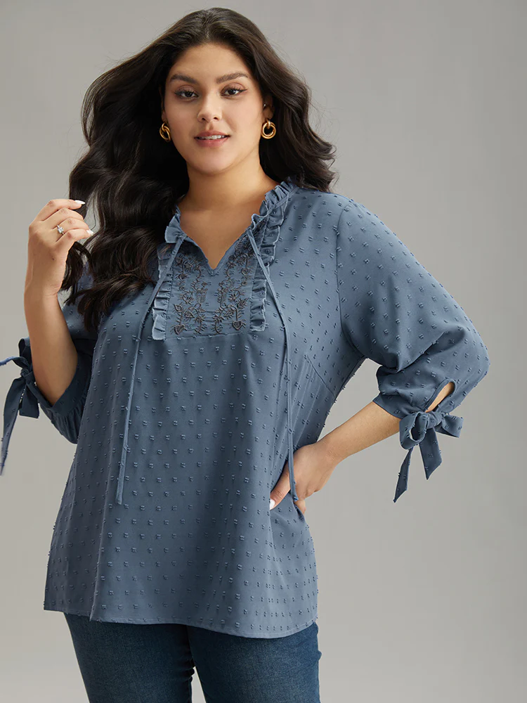 Textured Embroidered Frill Trim Tie Neck Blouse - Image 3