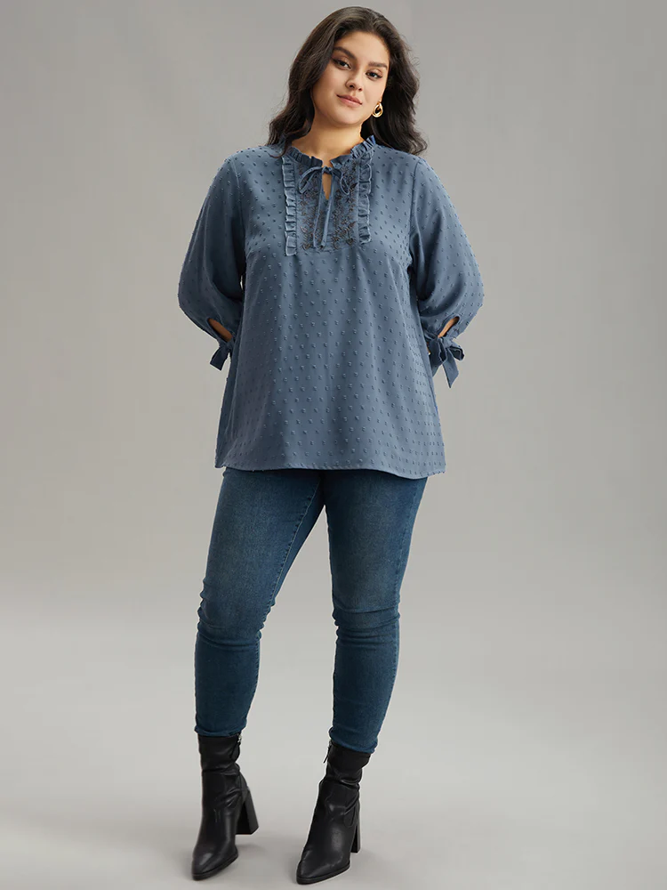 Textured Embroidered Frill Trim Tie Neck Blouse - Image 4