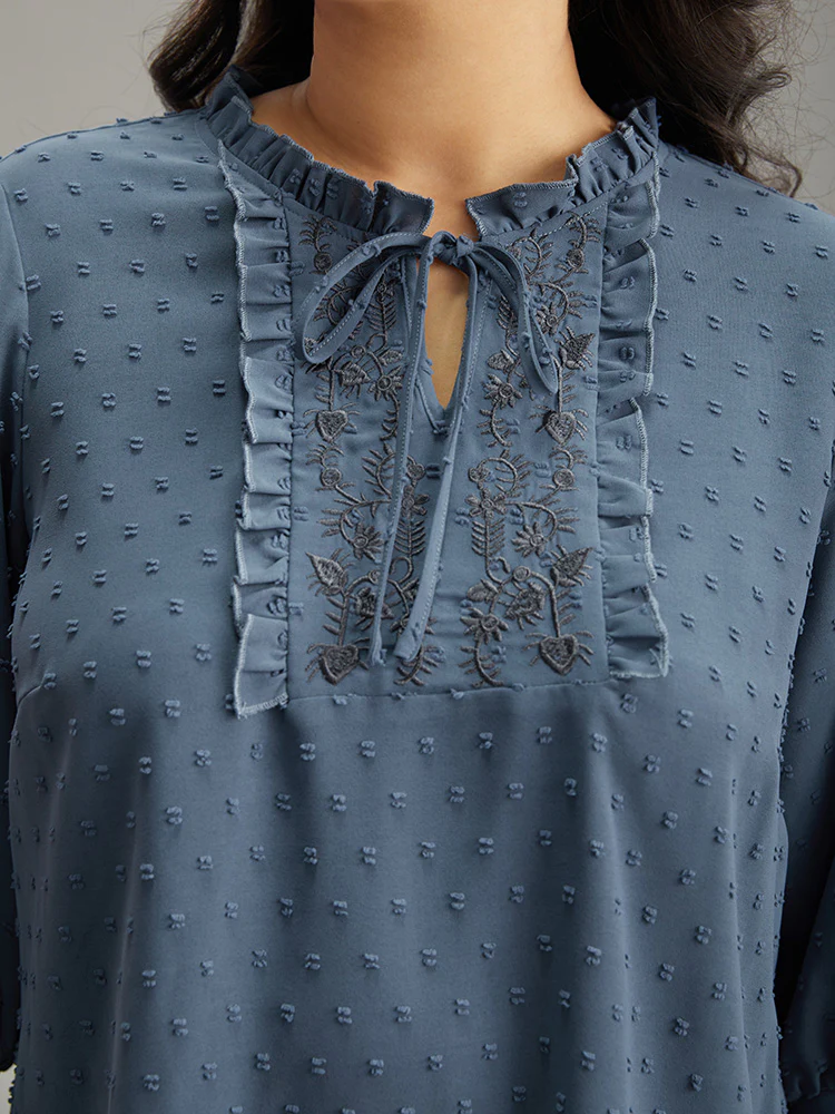 Textured Embroidered Frill Trim Tie Neck Blouse - Image 5