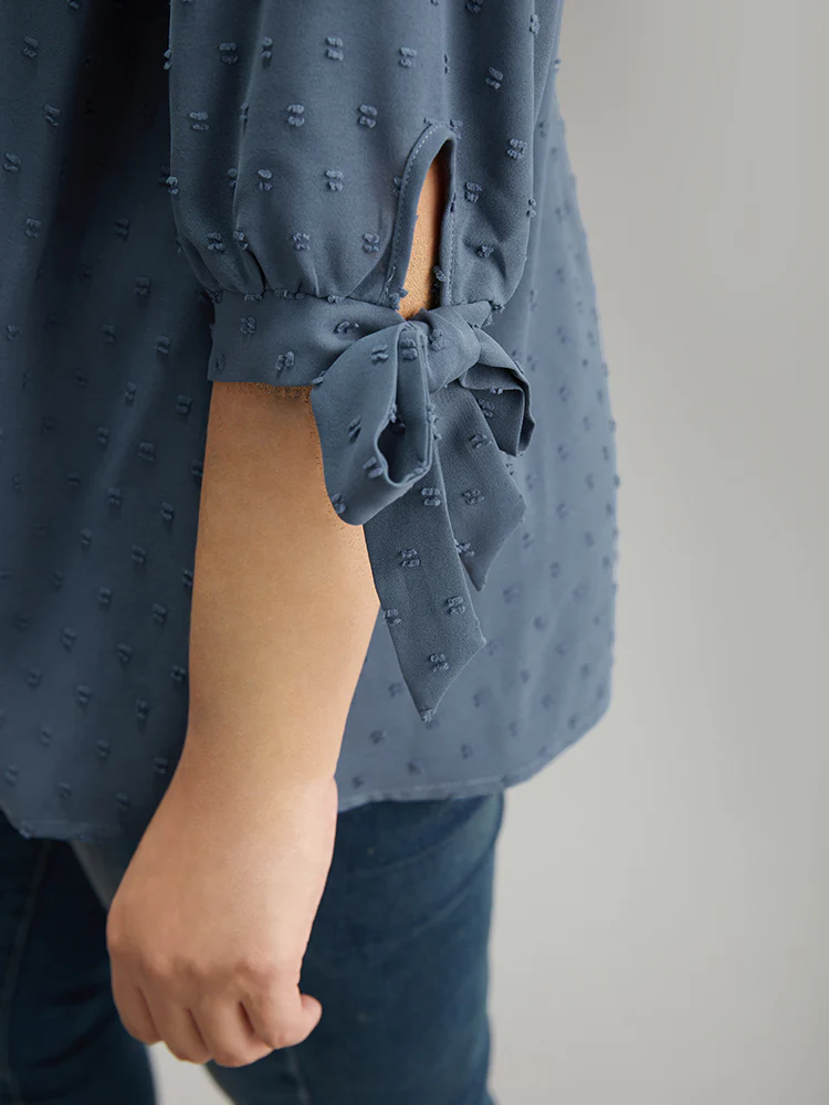 Textured Embroidered Frill Trim Tie Neck Blouse - Image 6