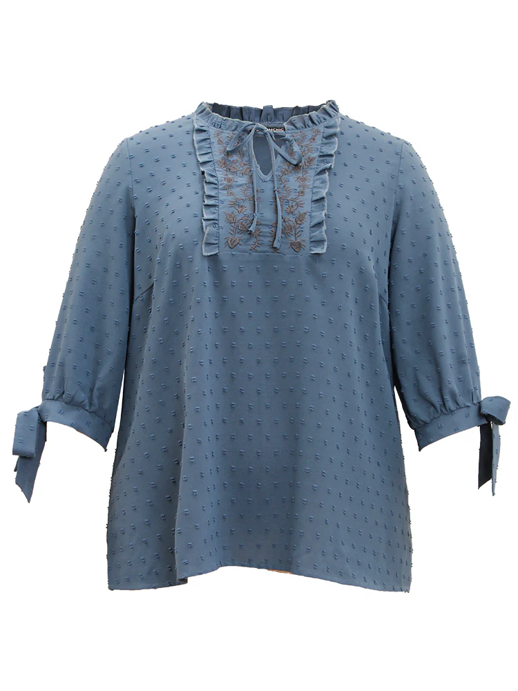 Textured Embroidered Frill Trim Tie Neck Blouse - Image 7