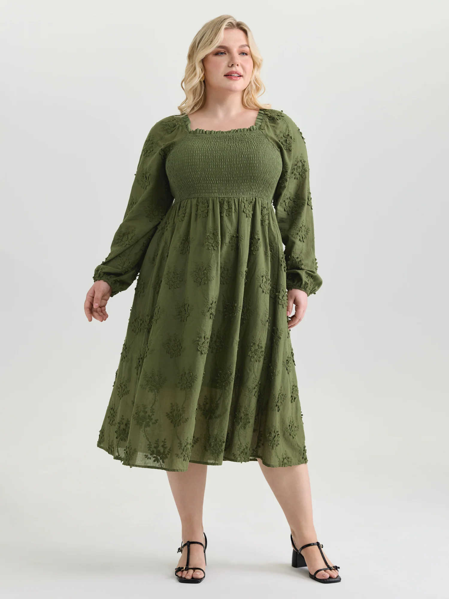 Textured Embroidery Shirred Square Neckline Midi Dress - Image 3
