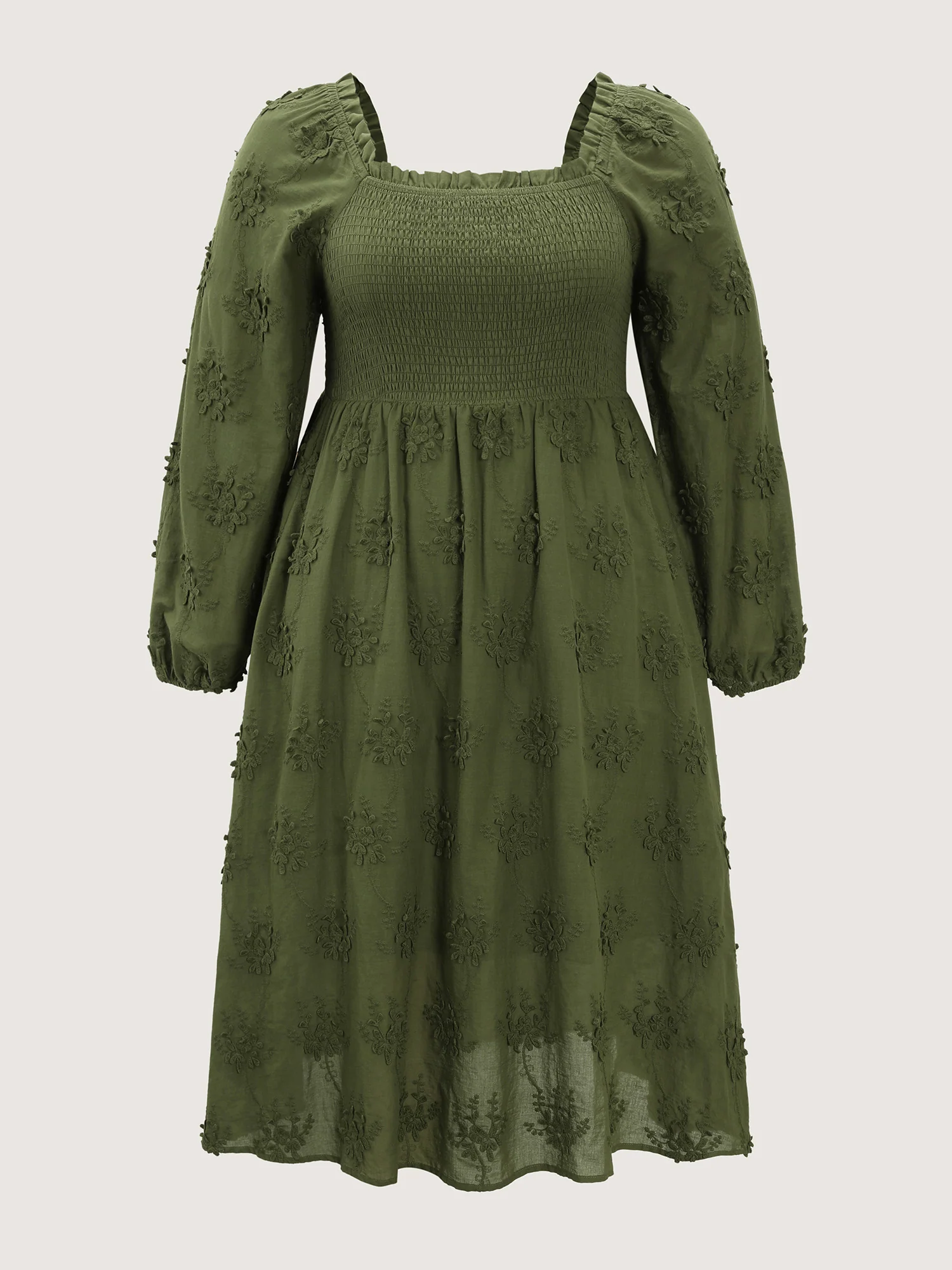Textured Embroidery Shirred Square Neckline Midi Dress - Image 7