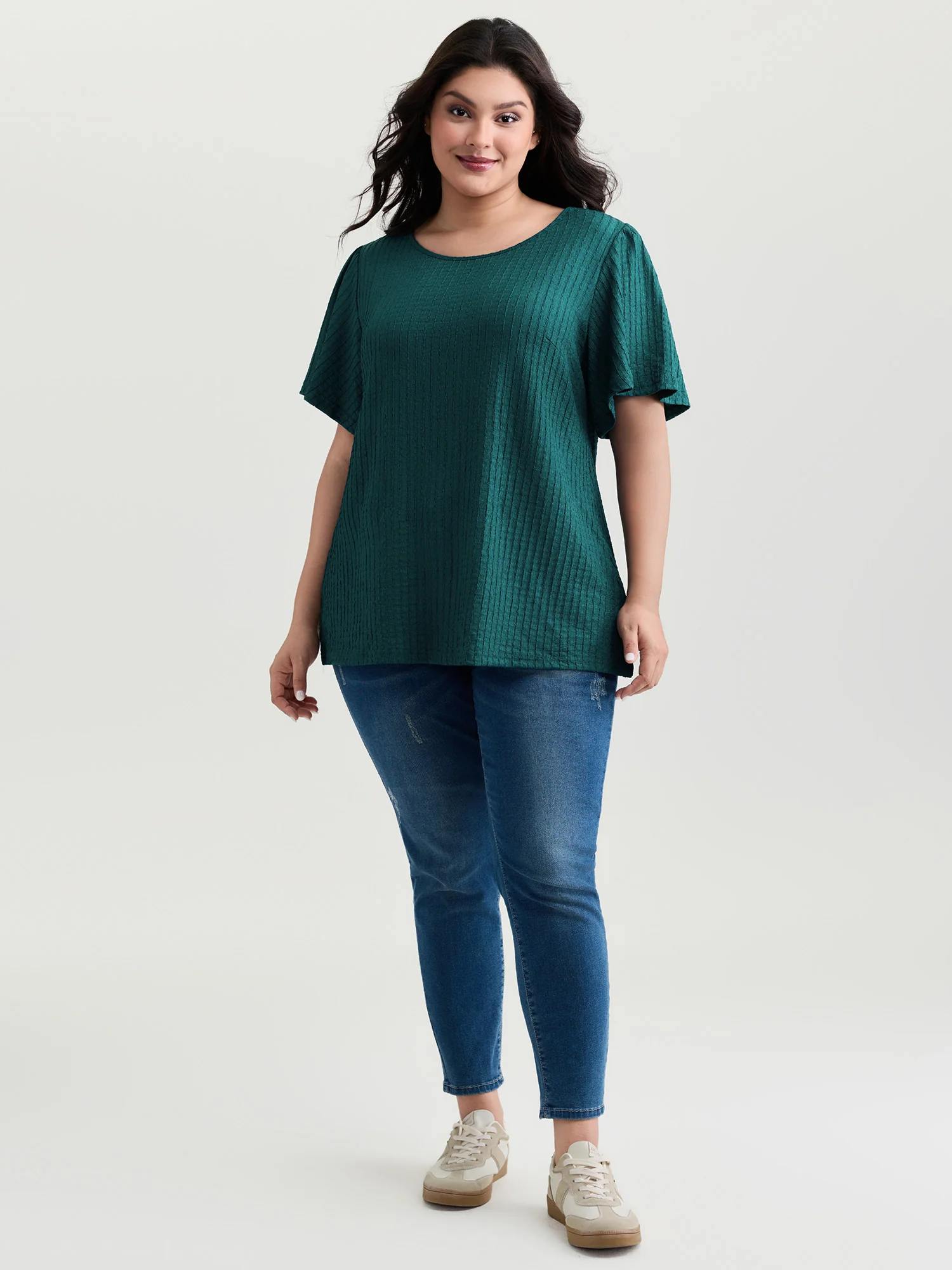 Textured Flared Sleeve Round Neck Knit Top - Image 3