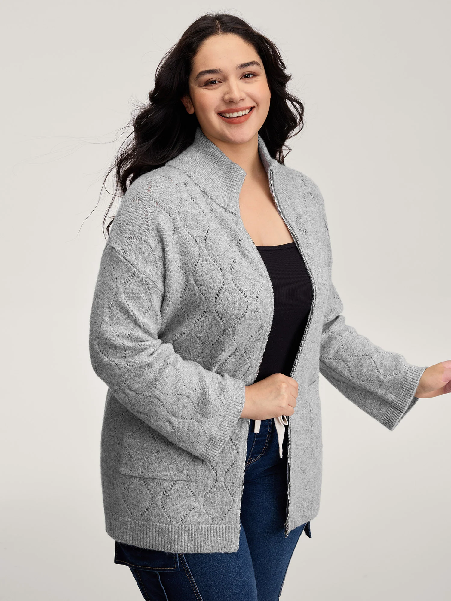 Textured Flared Sleeve Zipper Knit Cardigan - Image 2