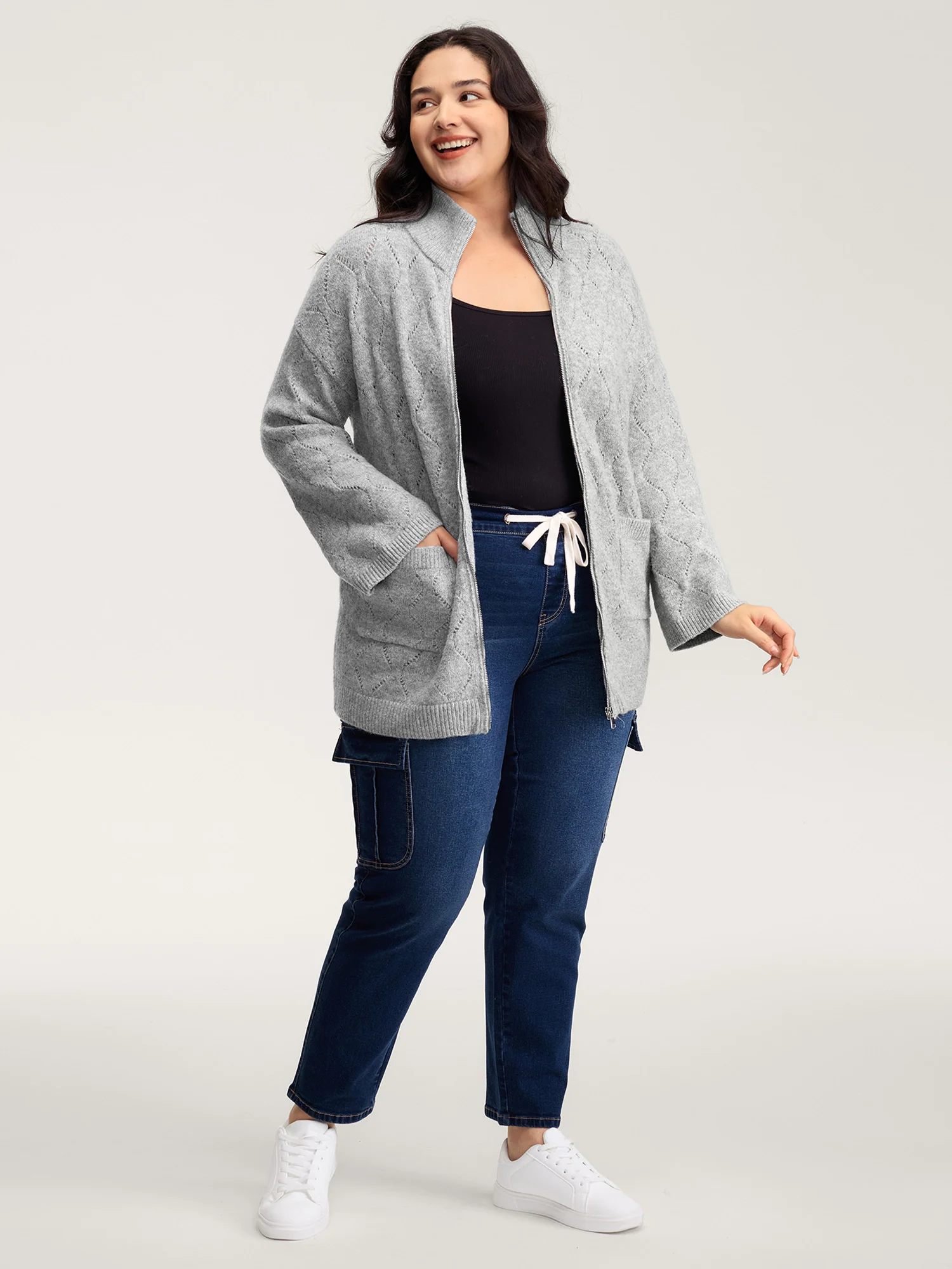 Textured Flared Sleeve Zipper Knit Cardigan - Image 3