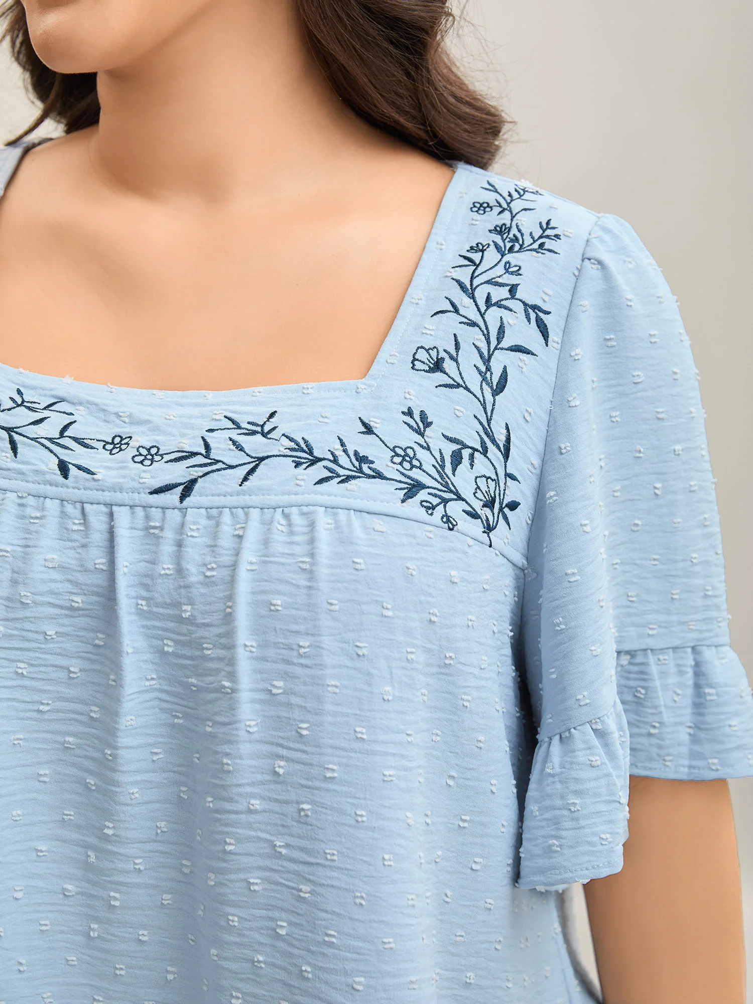 Textured Floral Embroidered Flared Sleeve Shirt - Image 2