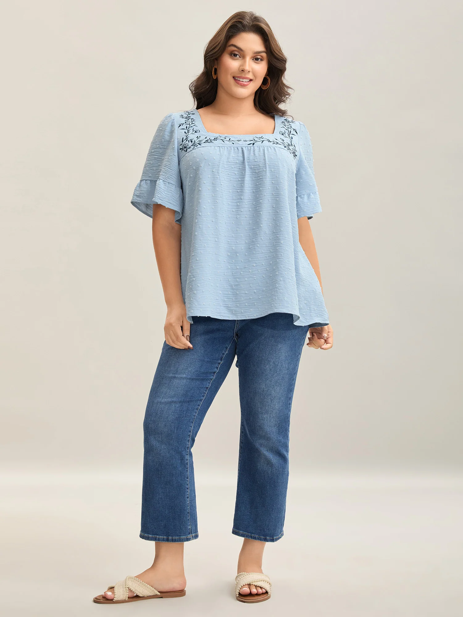 Textured Floral Embroidered Flared Sleeve Shirt - Image 3