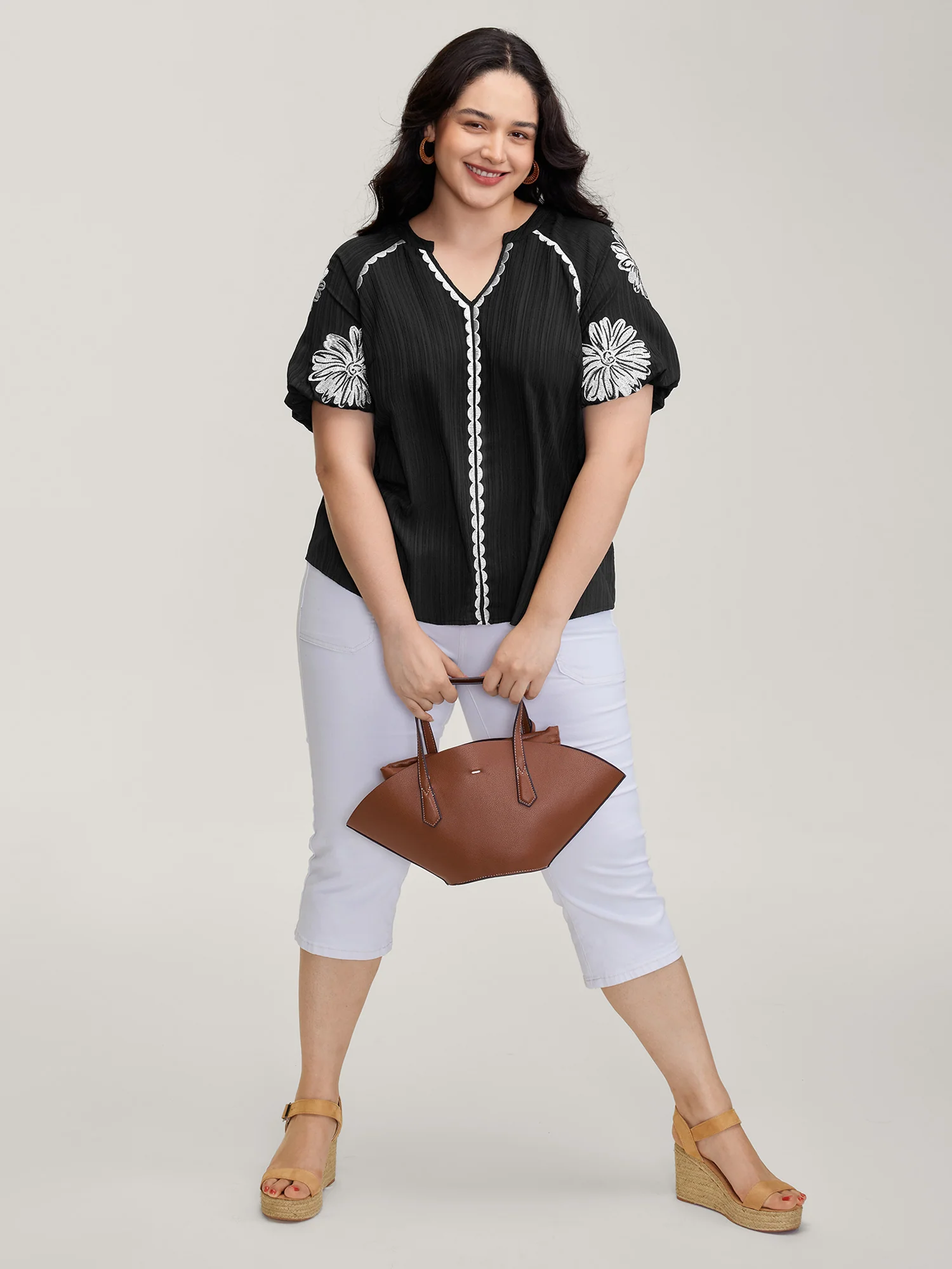 Textured Floral Embroidered Notched Collar Blouse - Image 3