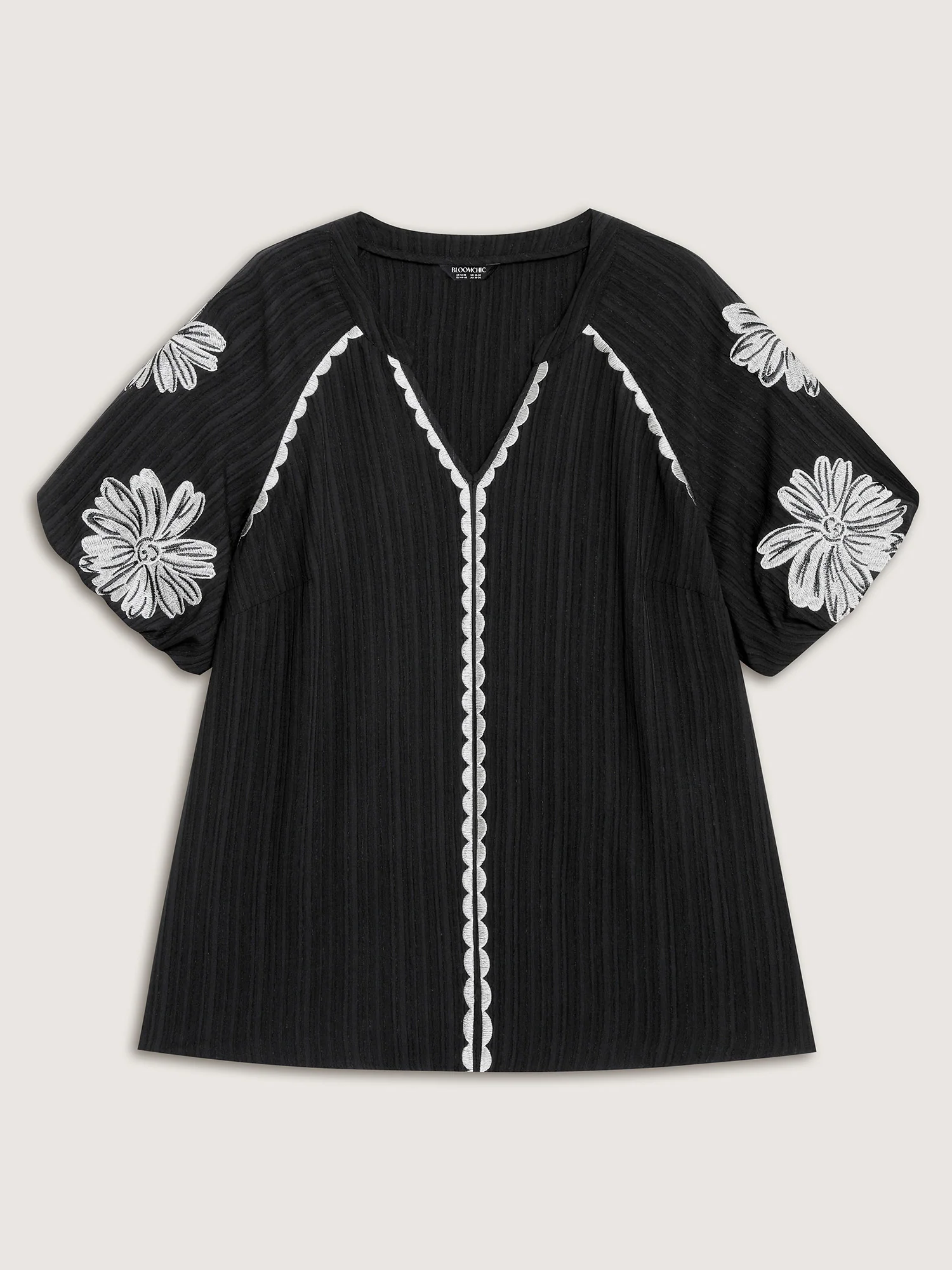 Textured Floral Embroidered Notched Collar Blouse - Image 7