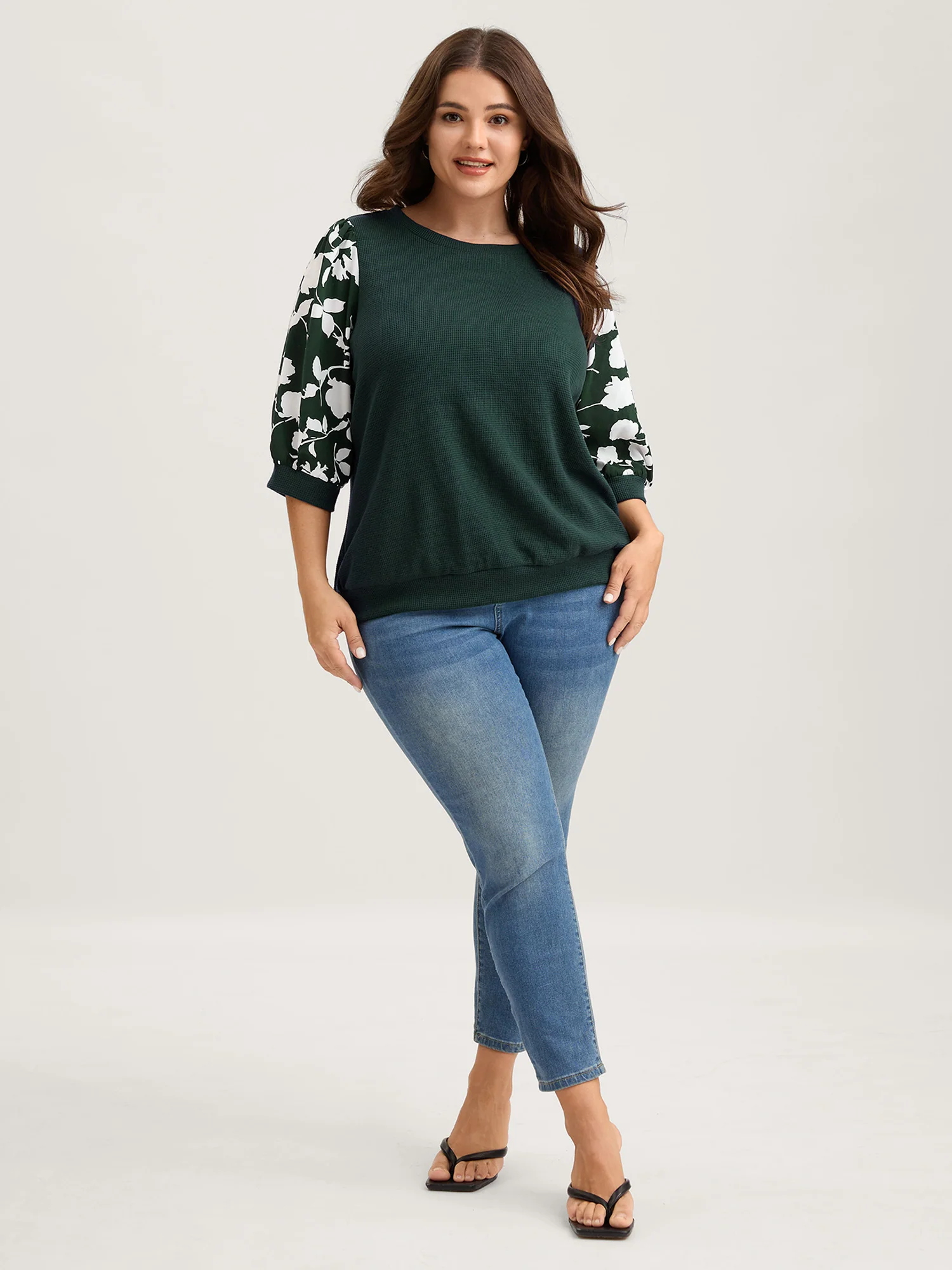 Textured Floral Puffy Sleeve Sweatshirt - Image 3