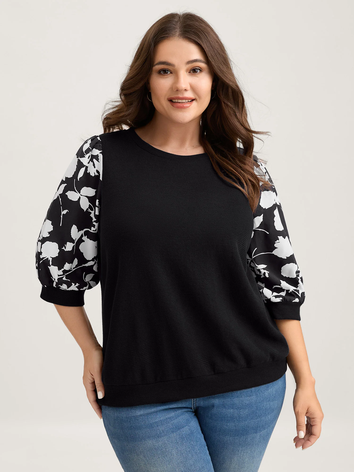 Textured Floral Puffy Sleeve Sweatshirt - Image 5