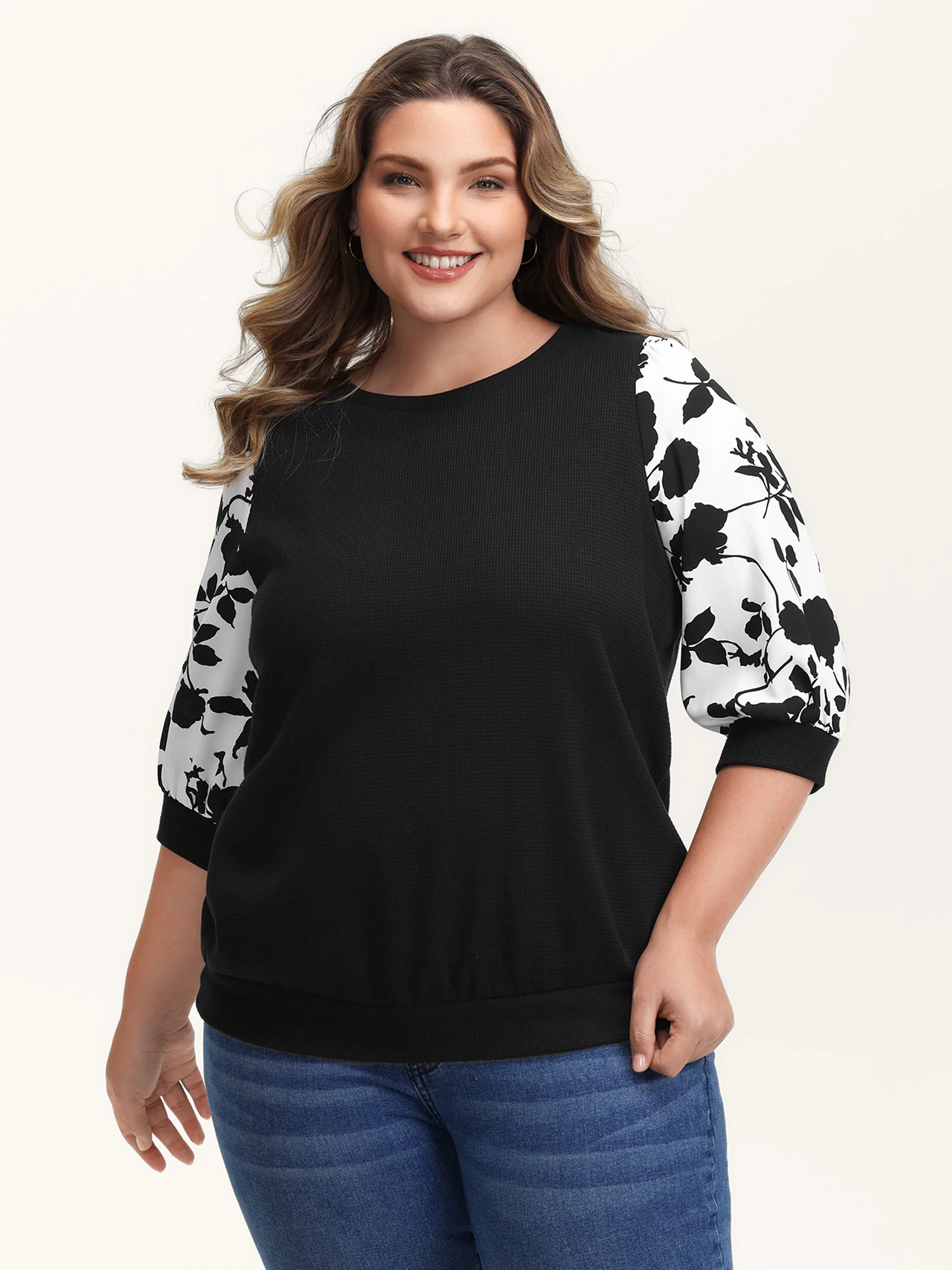 Textured Floral Puffy Sleeve Sweatshirt - Image 9