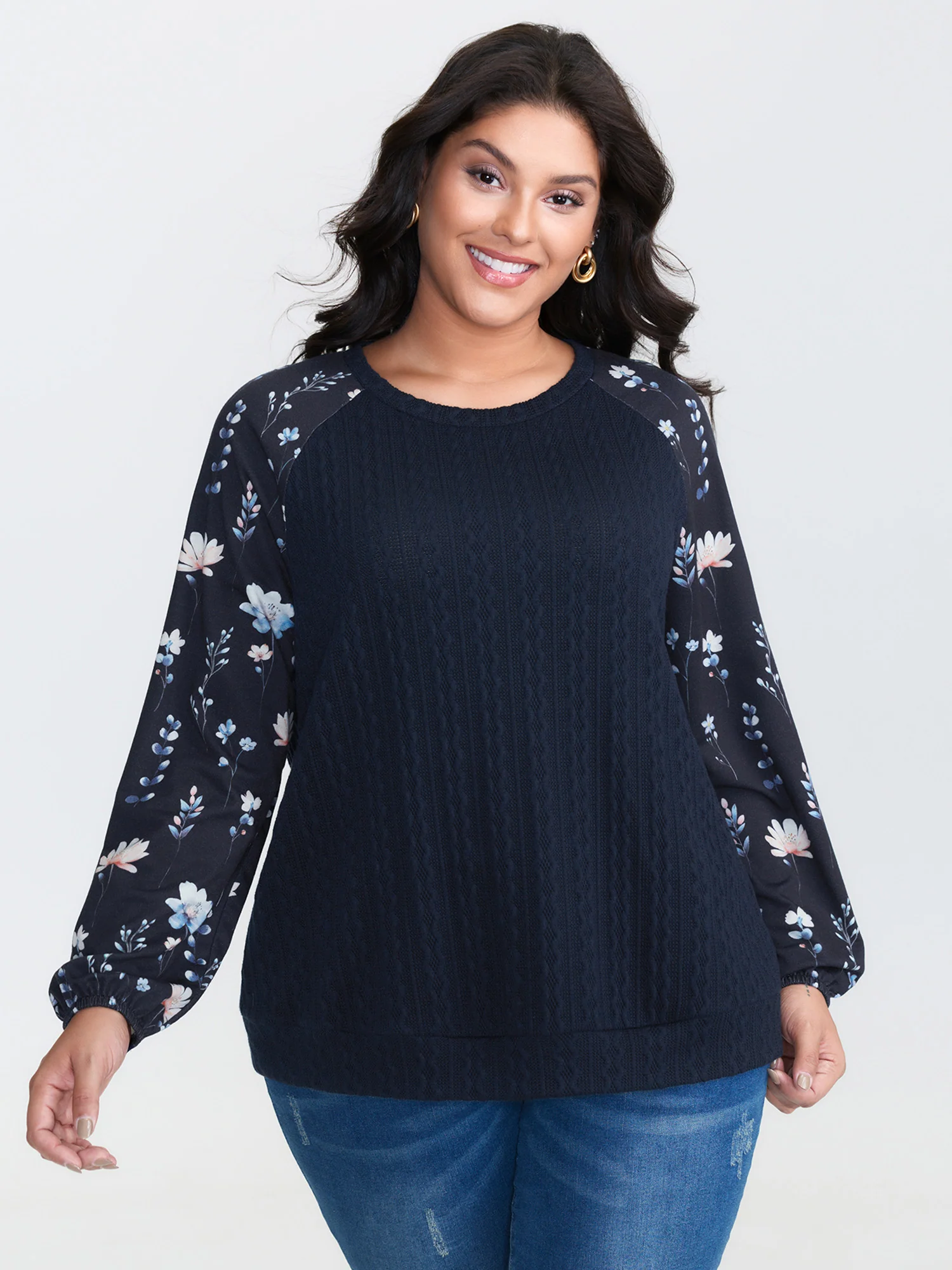 Textured Floral Raglan Sleeve Sweatshirt - Image 2