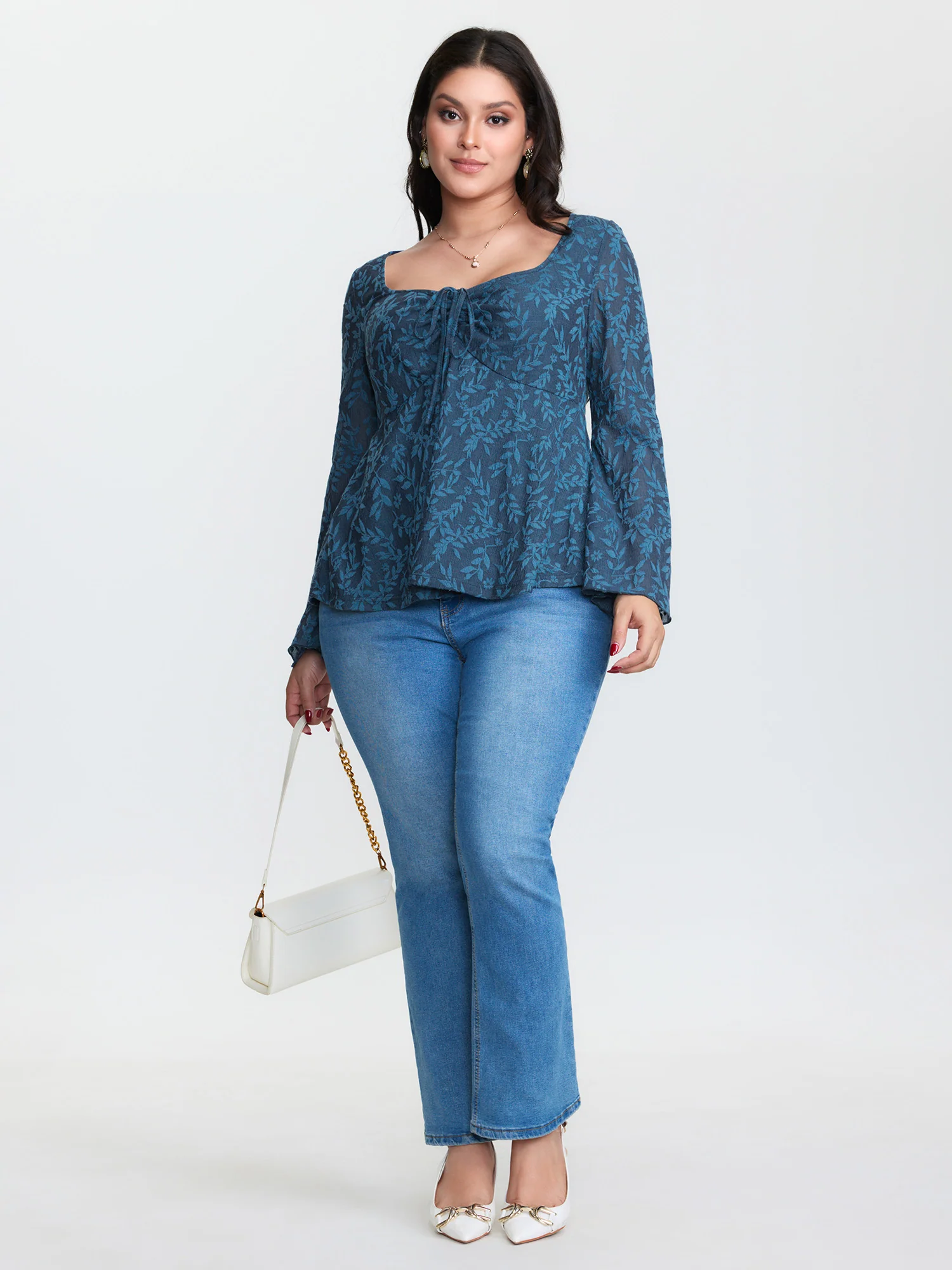 Textured Floral Ruched Adjustable Bodice Blouse - Image 2