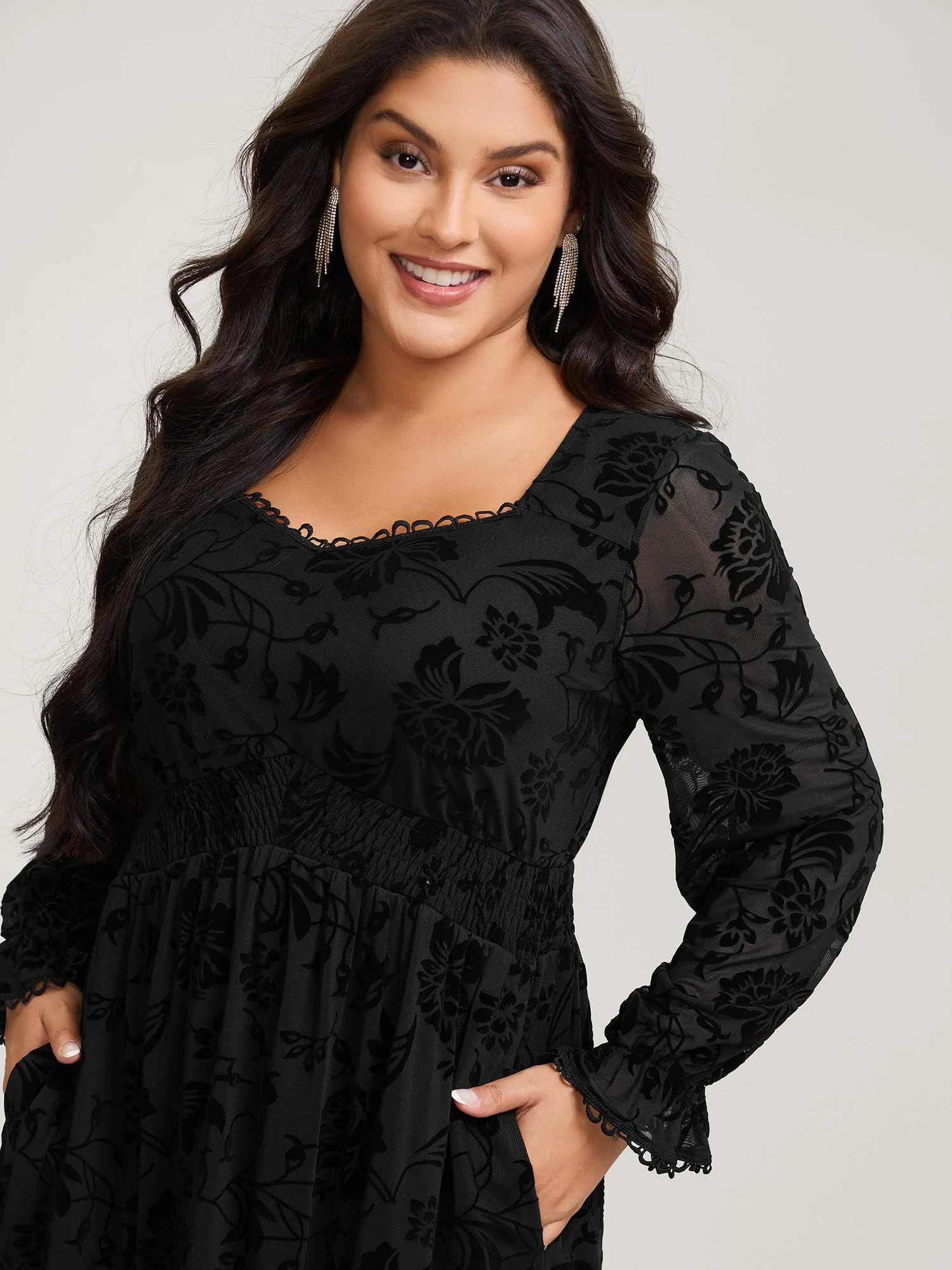 Textured Floral Shirred Waist Knee-Length Dress - Image 2