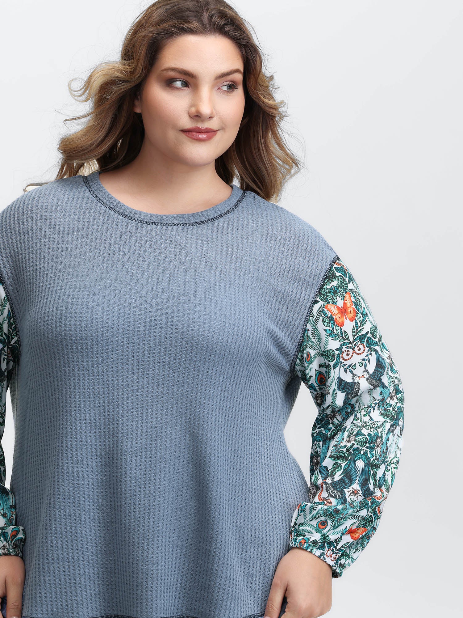 Textured Floral Sleeve Drop Shoulder Sweatshirt - Image 2