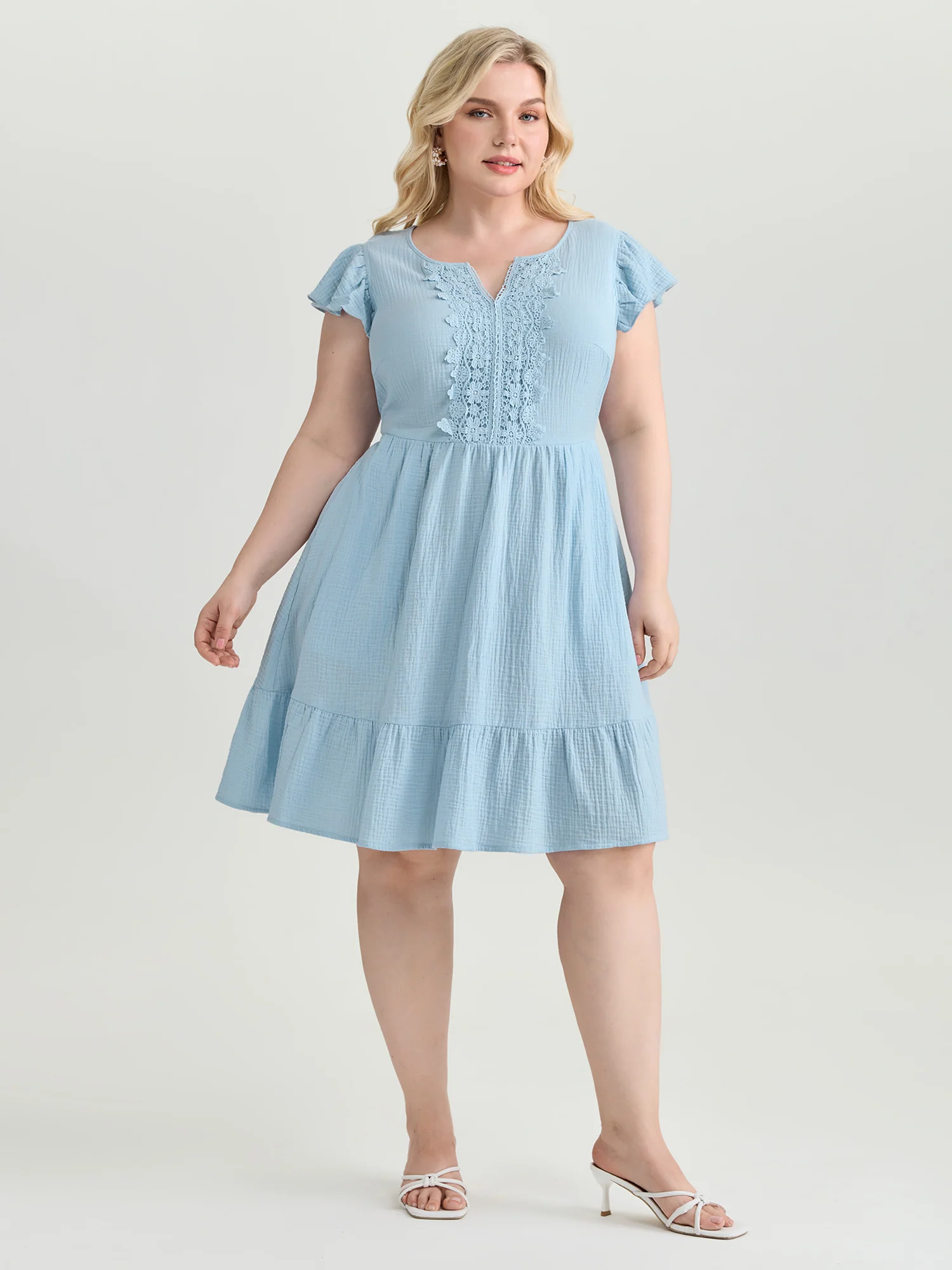 Textured Flutter Sleeve Notched Collar Mini Dress - Image 3