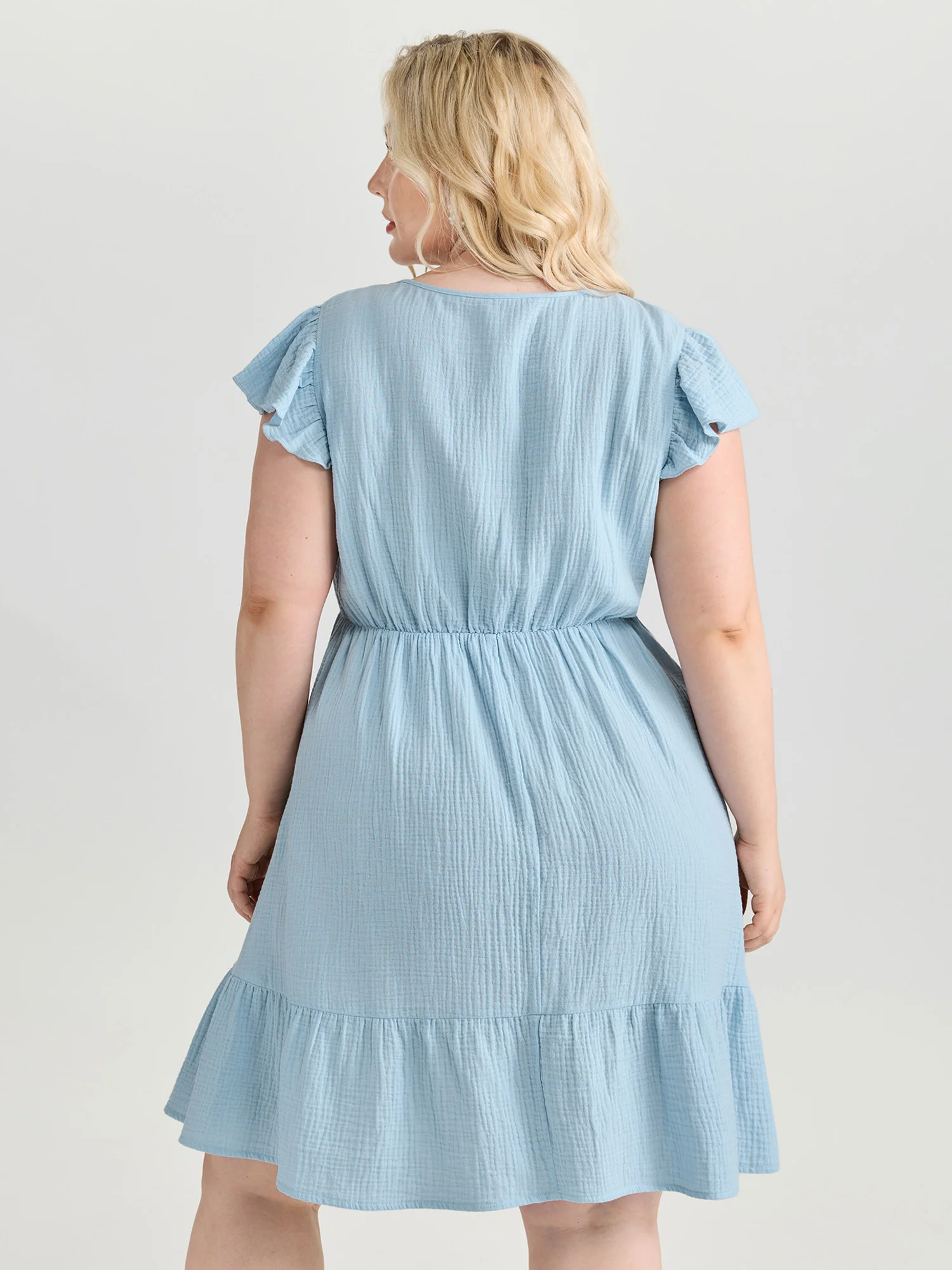 Textured Flutter Sleeve Notched Collar Mini Dress - Image 4