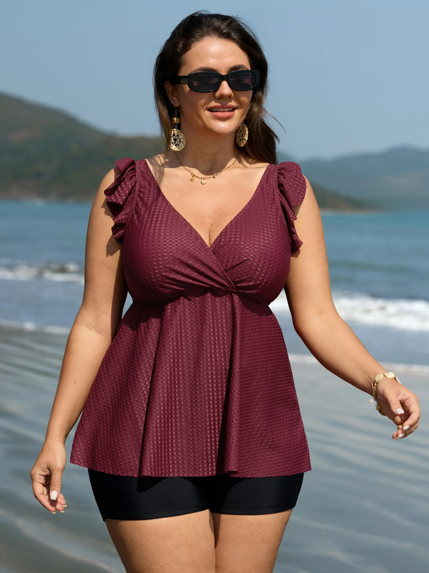 Textured Flutter Sleeve Surplice Swim Top - Image 2