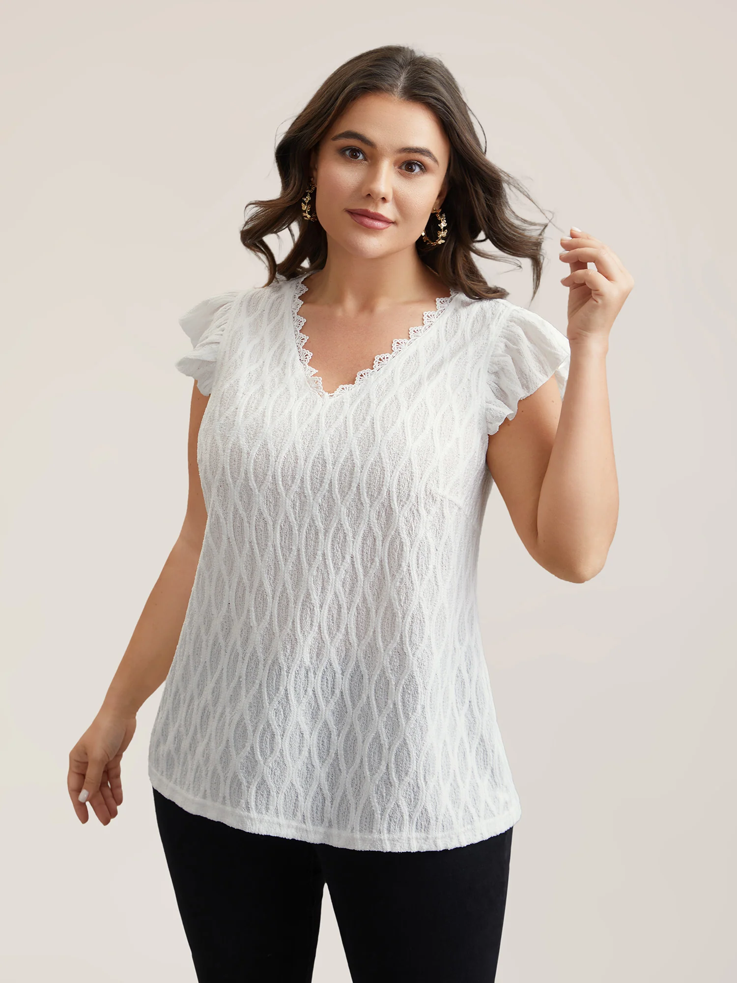 Textured Flutter Sleeve V-Neck Top - Image 3