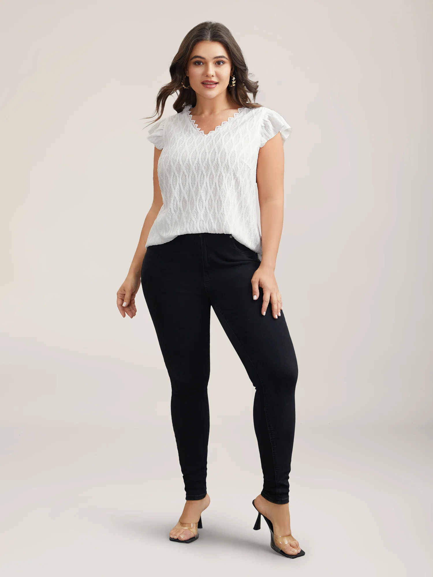 Textured Flutter Sleeve V-Neck Top - Image 4