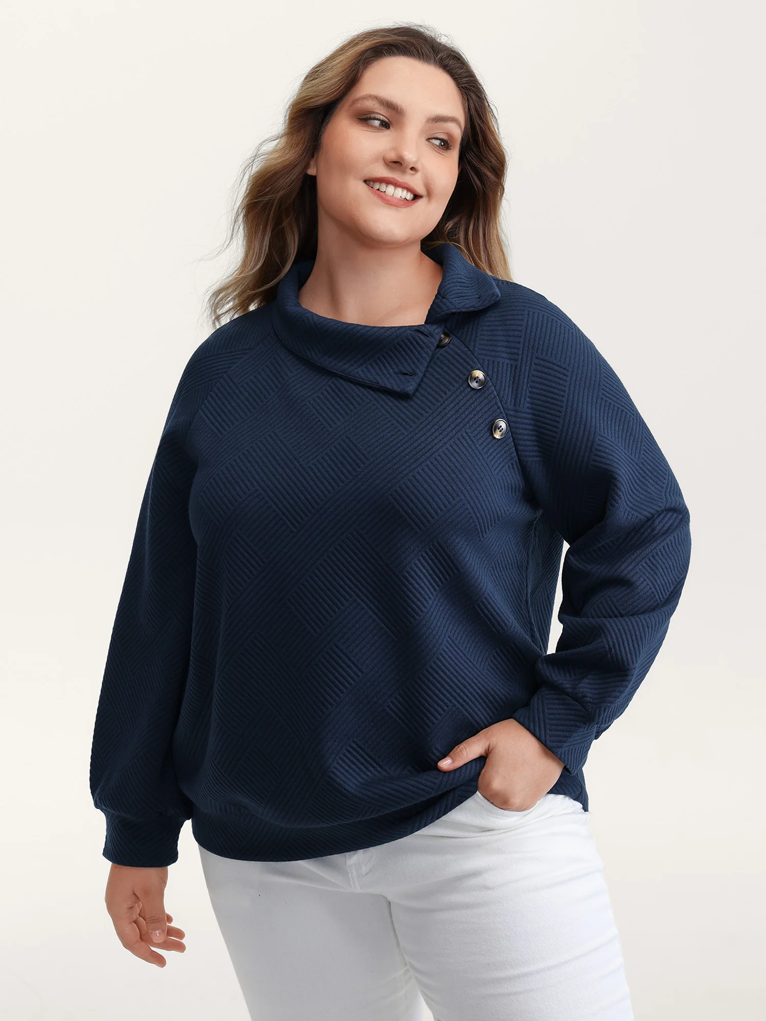 Textured Folded Collar Button Sweatshirt