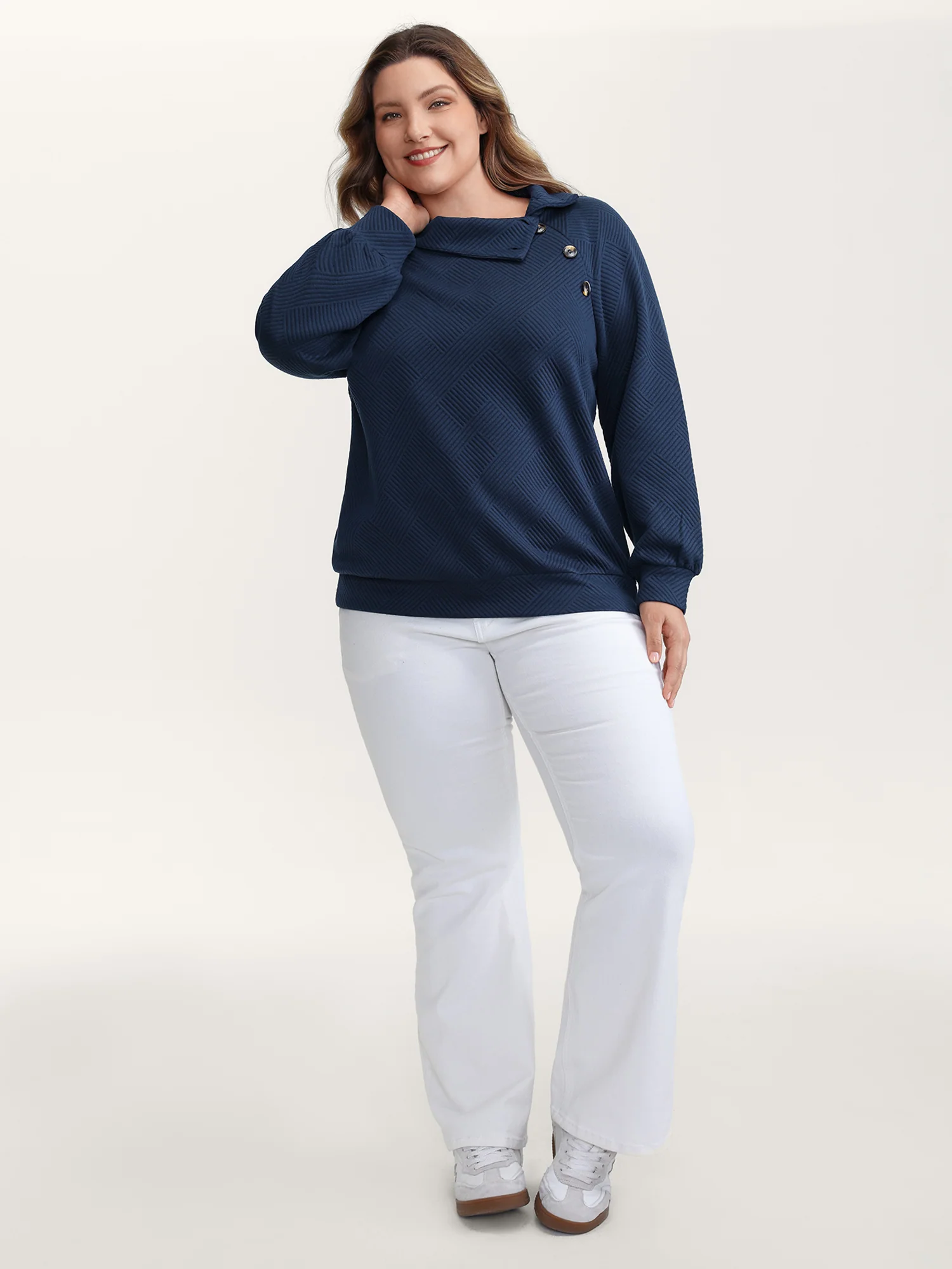 Textured Folded Collar Button Sweatshirt - Image 3