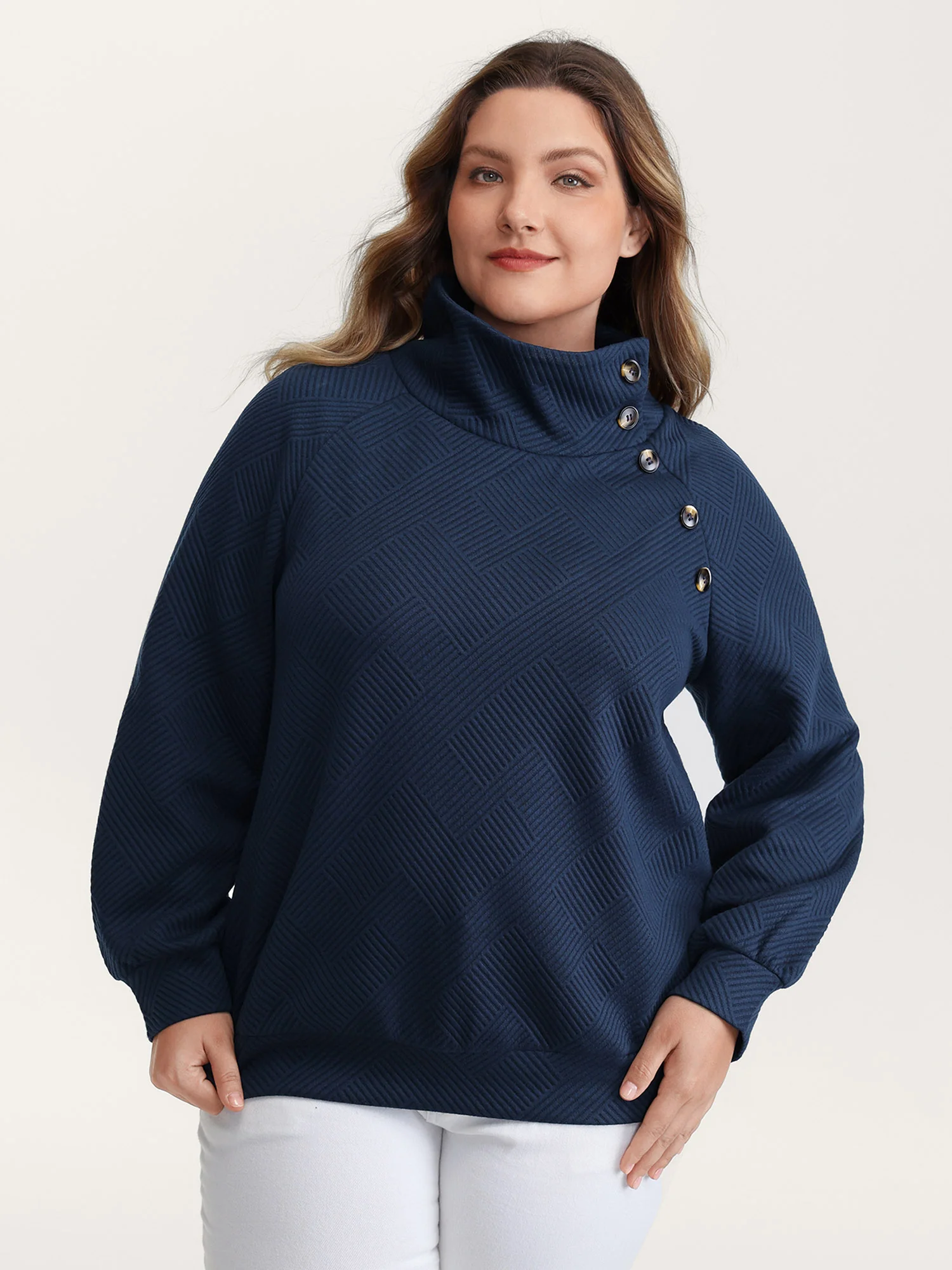 Textured Folded Collar Button Sweatshirt - Image 4