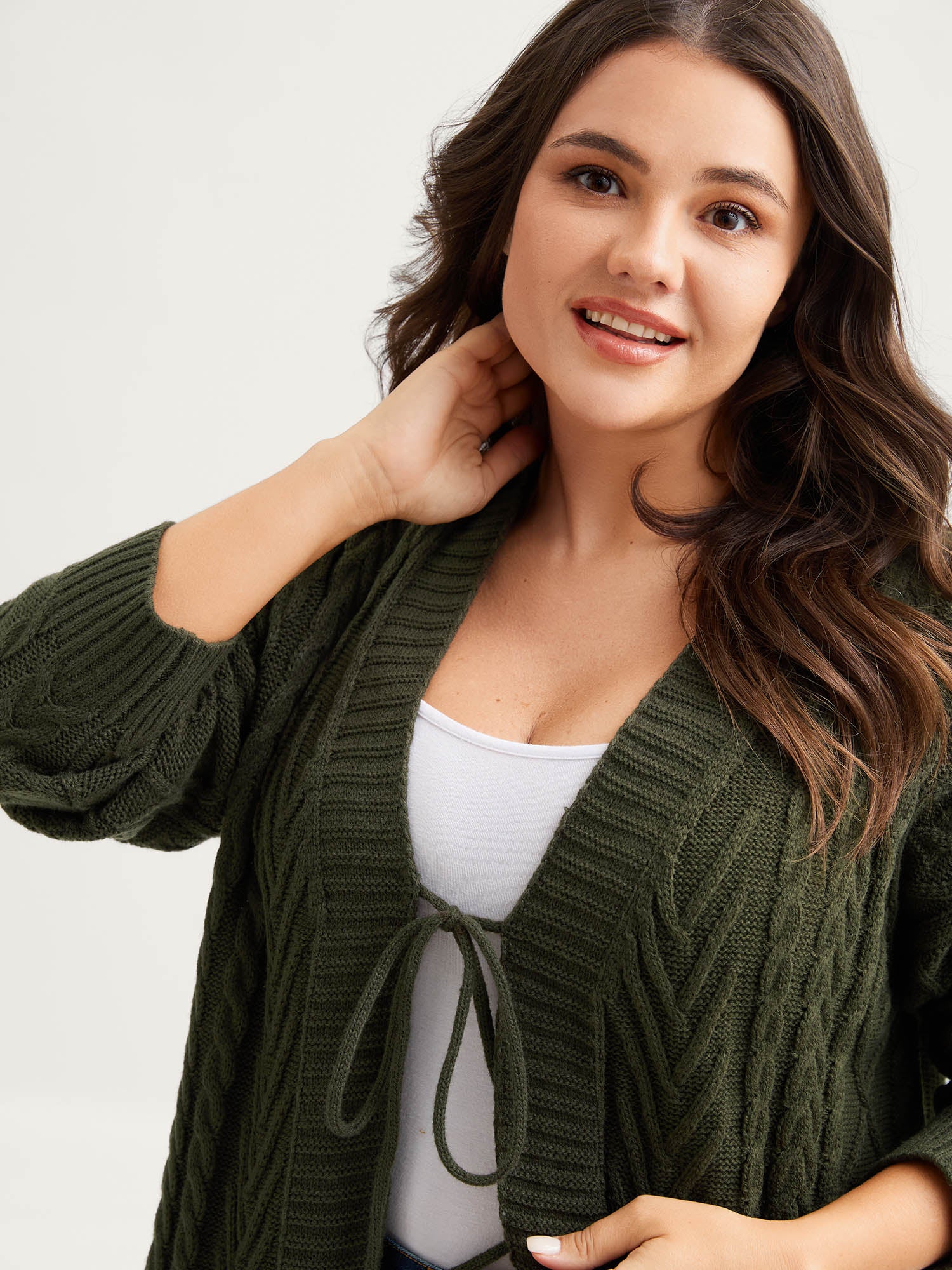 Textured Front-Tie Ribbed Hem Knit Cardigan - Image 2