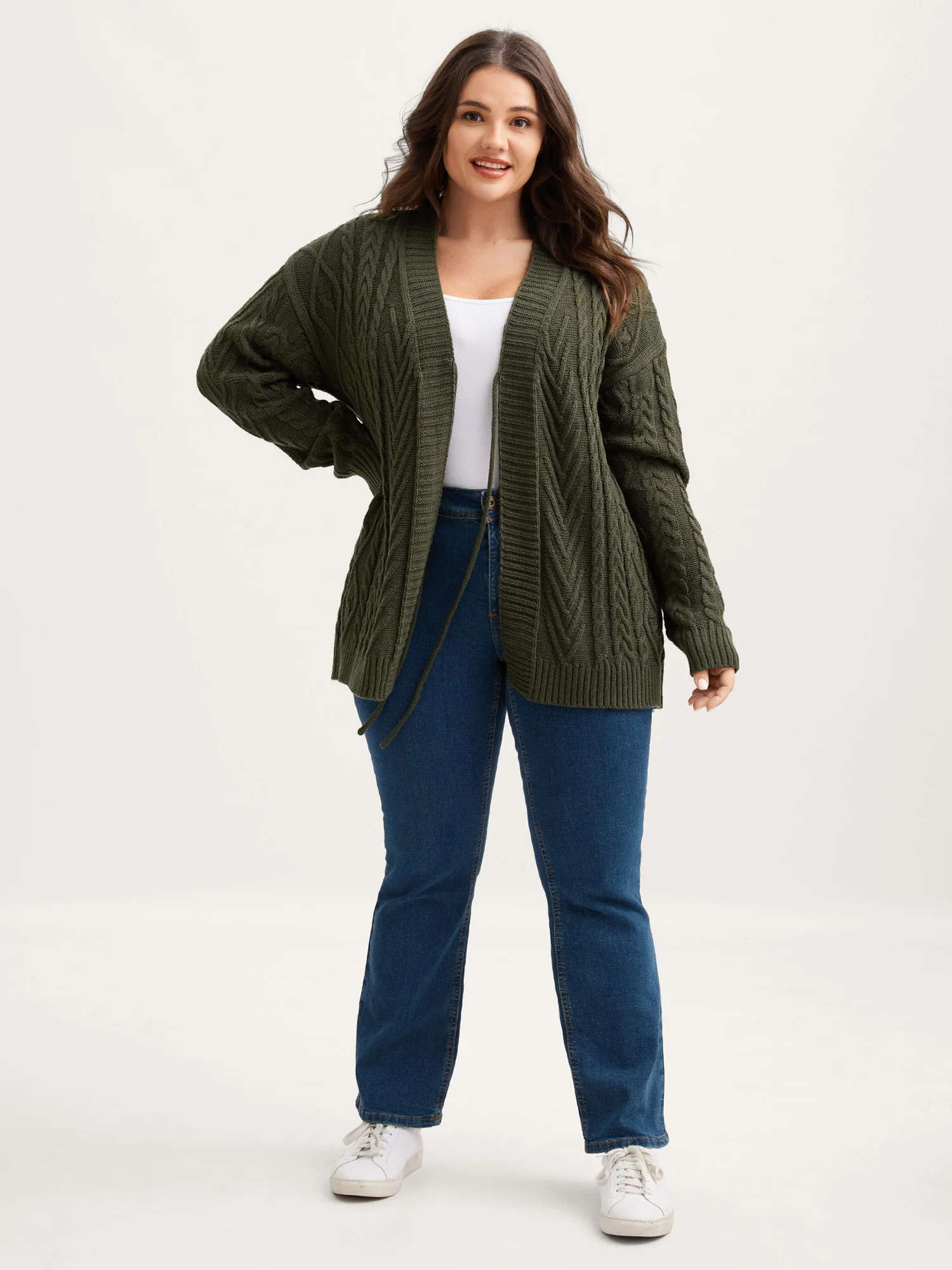 Textured Front-Tie Ribbed Hem Knit Cardigan - Image 3